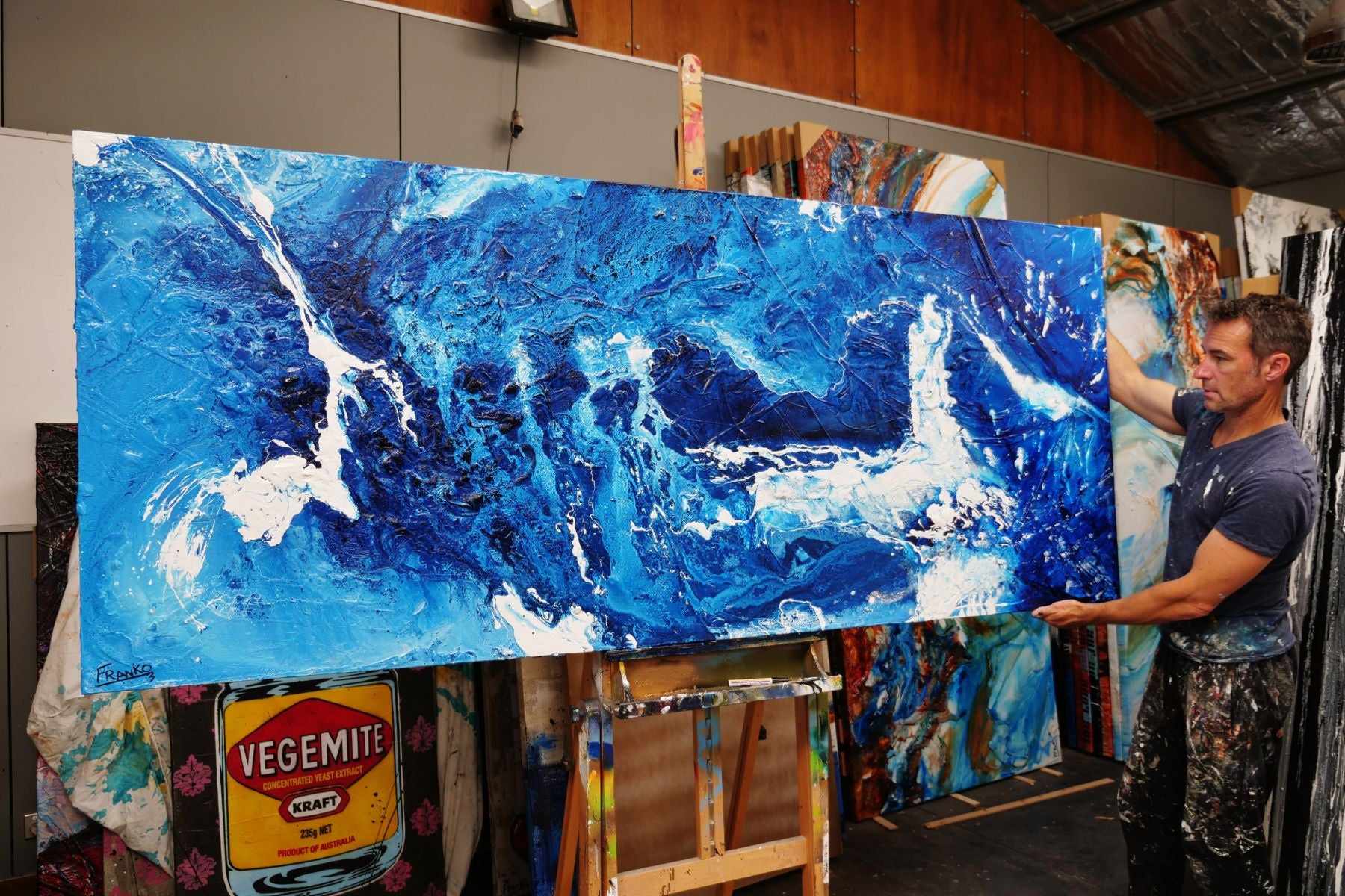 Sapphire Seas 240cm x 100cm Blue White Textured Abstract Painting (SOLD)-Abstract-[Franko_Artist]-[The_Block]-[Dream_Homes]-[ideas]- [Grand_Designs]-Franklin Art Studio