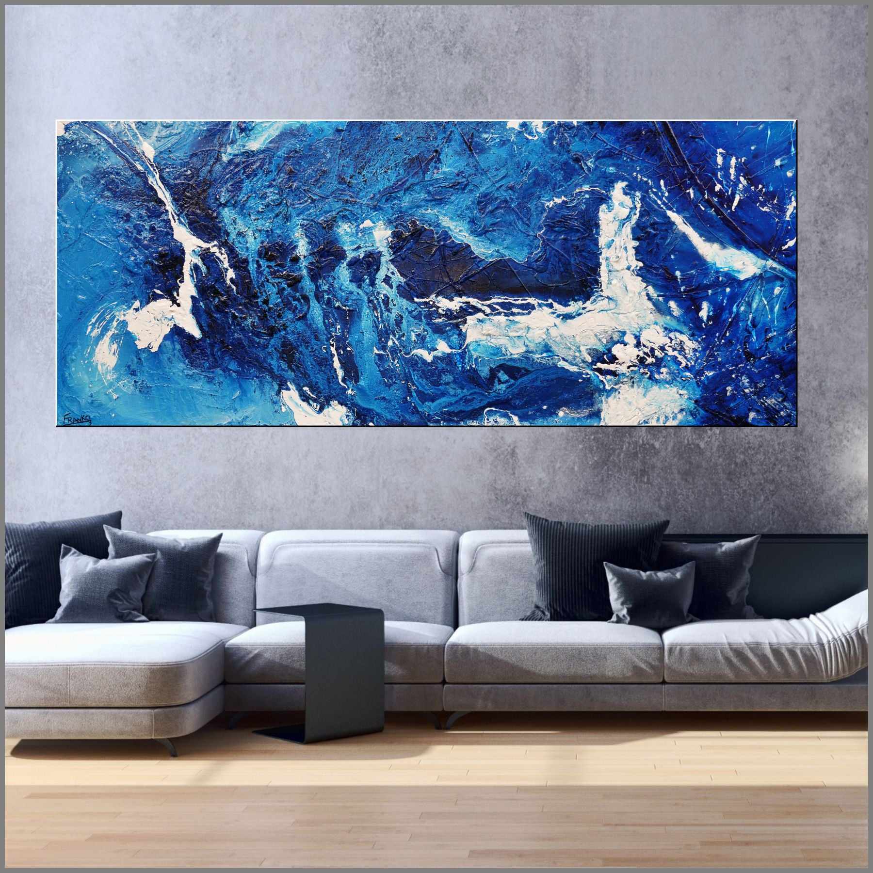 Sapphire Seas 240cm x 100cm Blue White Textured Abstract Painting (SOLD)-Abstract-[Franko_Artist]-[Australian_artist]-[Gold_Coast]-[Brisbane]-[modern]-[contemporary]-[original]-[Large_artwork]-[The_Block]-[Dream_Homes]-[ideas]-[Grand_Designs]-[Art_Lover]-Franklin Art Studio