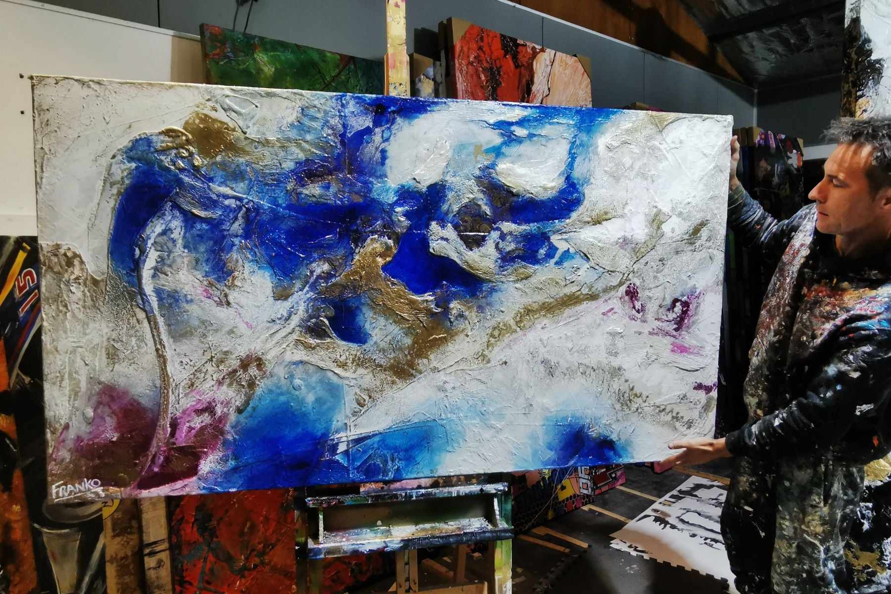 Sapphire Spritz 180cm x 100cm Blue White Textured Abstract Painting (SOLD)-Abstract-[Franko_Artist]-[The_Block]-[Dream_Homes]-[ideas]- [Grand_Designs]-Franklin Art Studio