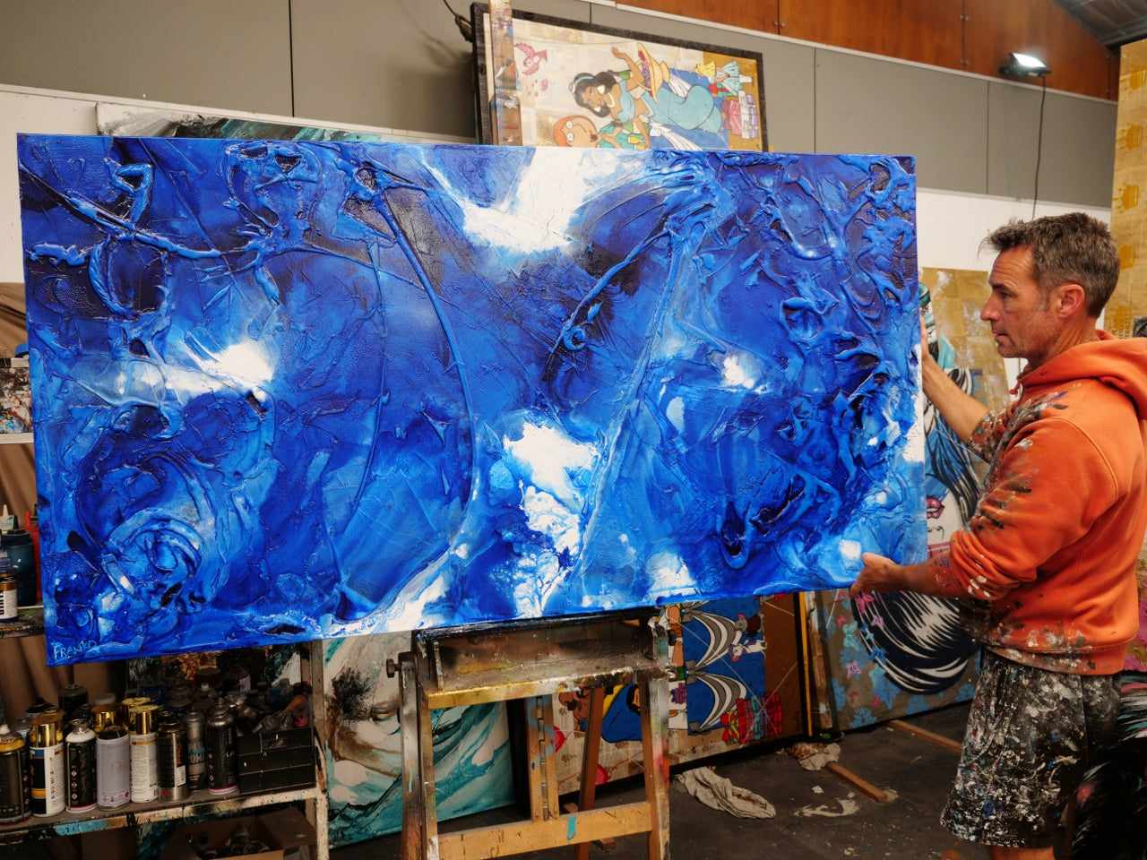 Sapphire Wash 190cm x 100cm Blue Ink Textured Abstract Painting (SOLD)-Abstract-[Franko_Artist]-[The_Block]-[Dream_Homes]-[ideas]-[Grand_Designs]-[Art_Lover]-Franklin Art Studio