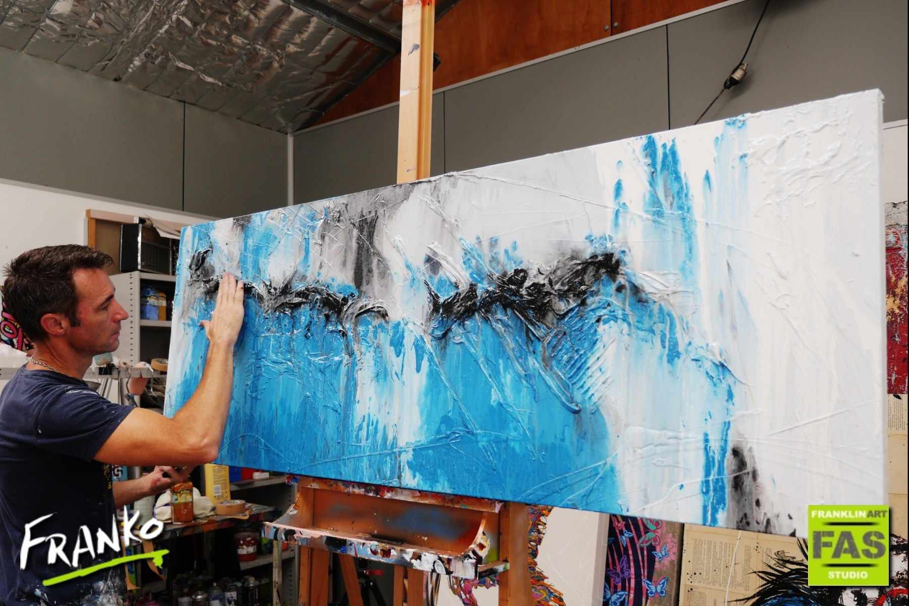Sari's Revenge 160cm x 60cm Blue White Abstract Painting (SOLD)-Abstract-[Franko_Artist]-[The_Block]-[Dream_Homes]-[ideas]- [Grand_Designs]-Franklin Art Studio