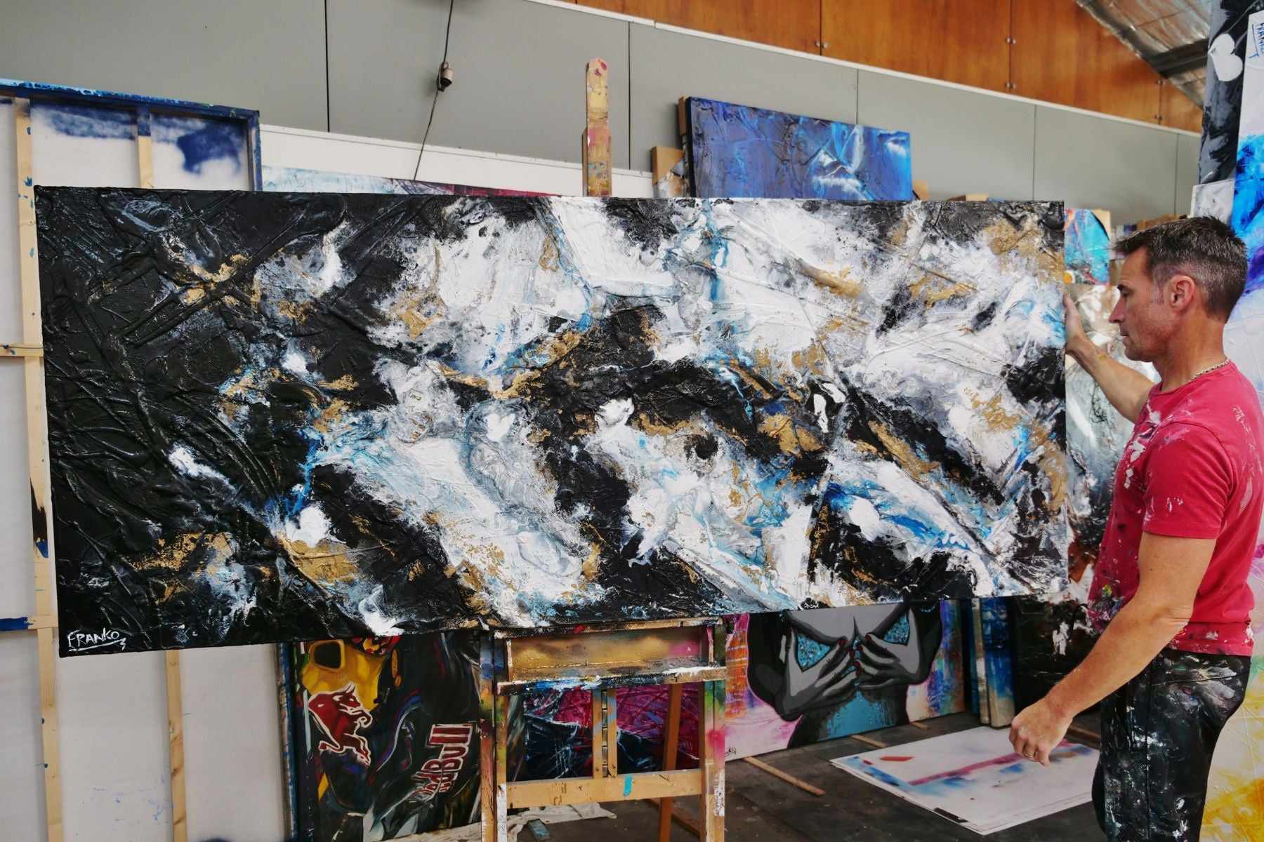 Satin Pepper 240cm x 100cm White Black Gold Textured Abstract Painting (SOLD)-Abstract-[Franko_Artist]-[The_Block]-[Dream_Homes]-[ideas]- [Grand_Designs]-Franklin Art Studio