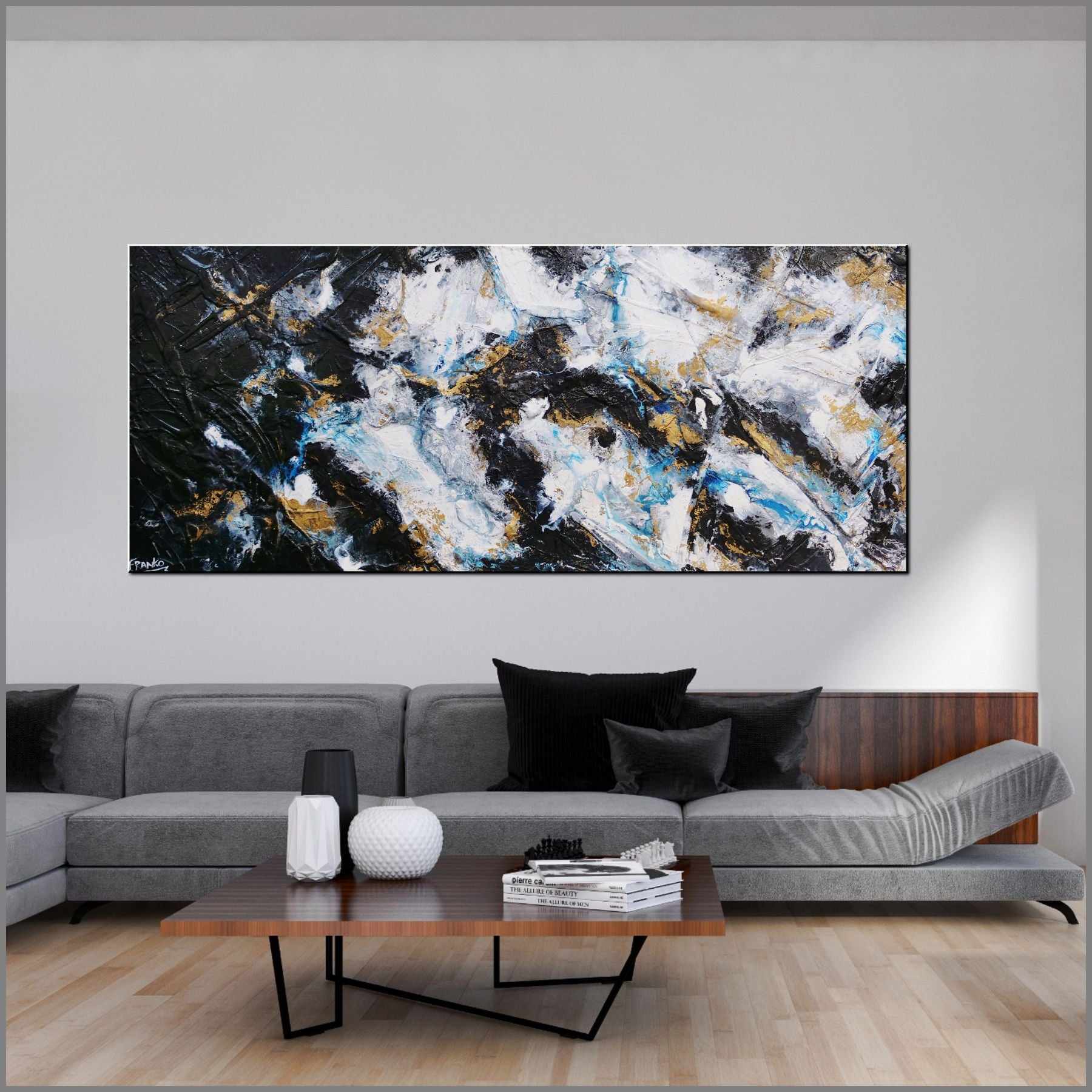 Satin Pepper 240cm x 100cm White Black Gold Textured Abstract Painting (SOLD)-Abstract-[Franko_Artist]-[Australian_artist]-[Gold_Coast]-[Brisbane]-[modern]-[contemporary]-[original]-[Large_artwork]-[The_Block]-[Dream_Homes]-[ideas]-[Grand_Designs]-[Art_Lover]-Franklin Art Studio