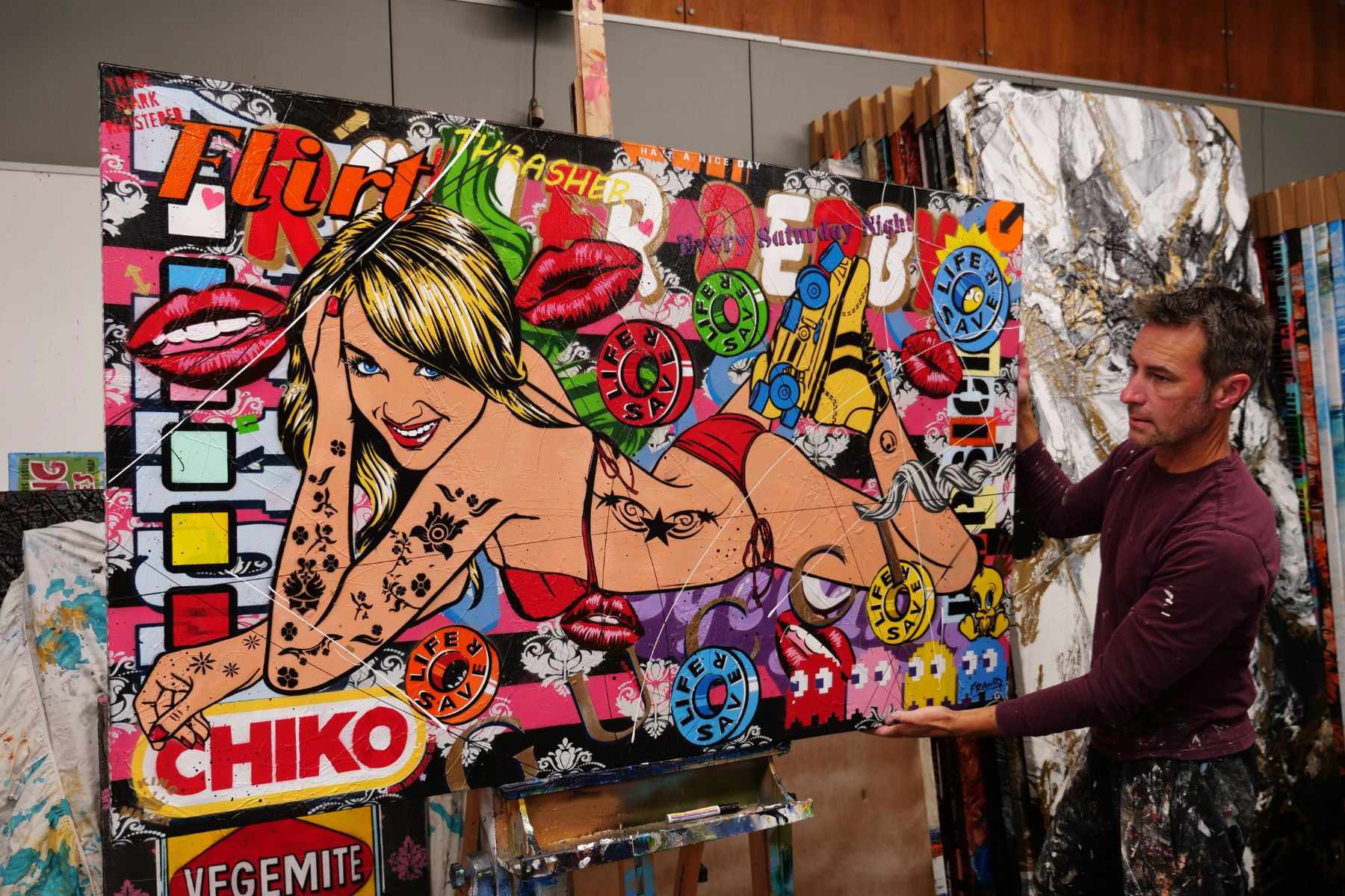 Saturday Night Roller Derby 160cm x 100cm Roller Derby Textured Urban Pop Art Painting (SOLD)-urban pop-[Franko_Artist]-[The_Block]-[Dream_Homes]-[ideas]- [Grand_Designs]-Franklin Art Studio