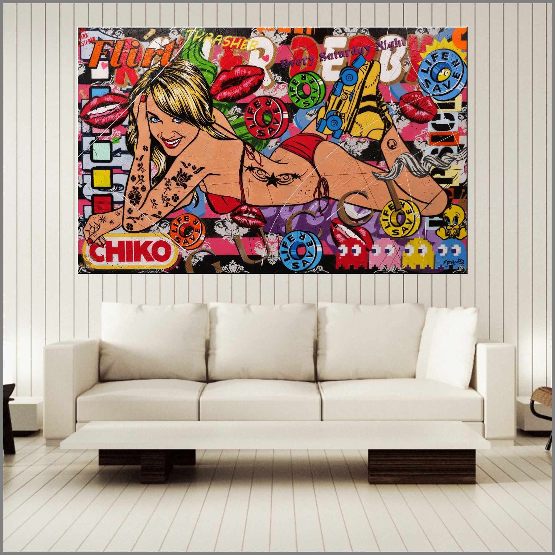Saturday Night Roller Derby 160cm x 100cm Roller Derby Textured Urban Pop Art Painting (SOLD)-urban pop-[Franko_Artist]-[Australian_artist]-[Gold_Coast]-[Brisbane]-[modern]-[contemporary]-[original]-[Large_artwork]-[The_Block]-[Dream_Homes]-[ideas]-[Grand_Designs]-[Art_Lover]-Franklin Art Studio