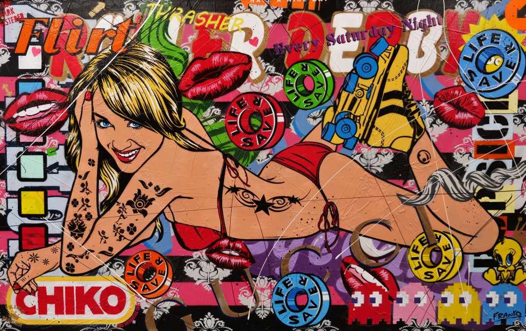 Saturday Night Roller Derby 160cm x 100cm Roller Derby Textured Urban Pop Art Painting (SOLD)-urban pop-[Franko_Artist]-[Australian_artist]-[Gold_Coast]-[Brisbane]-[modern]-[contemporary]-[original]-[Large_artwork]-Franklin Art Studio