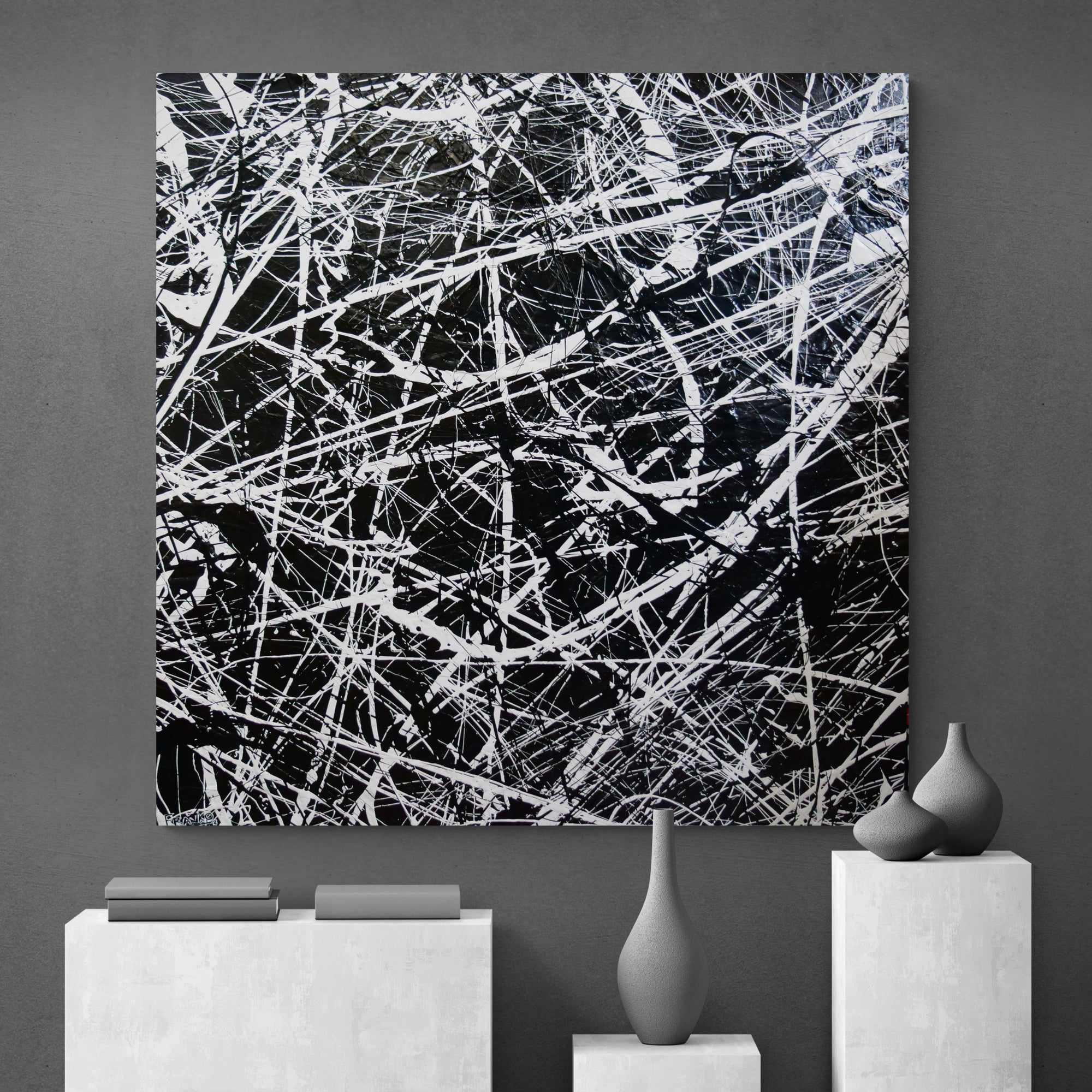 Scatter Brain Squared 150cm x 150cm Black White Textured Abstract Painting (SOLD)-Abstract-[Franko_Artist]-[The_Block]-[Dream_Homes]-[ideas]- [Grand_Designs]-Franklin Art Studio