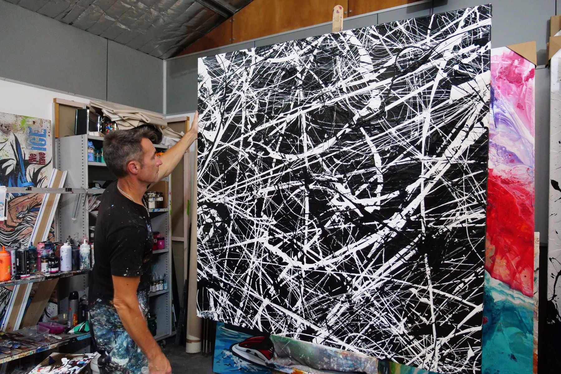 Scatter Brain Squared 150cm x 150cm Black White Textured Abstract Painting (SOLD)-Abstract-[Franko_Artist]-[The_Block]-[Dream_Homes]-[ideas]-[Grand_Designs]-[Art_Lover]-Franklin Art Studio