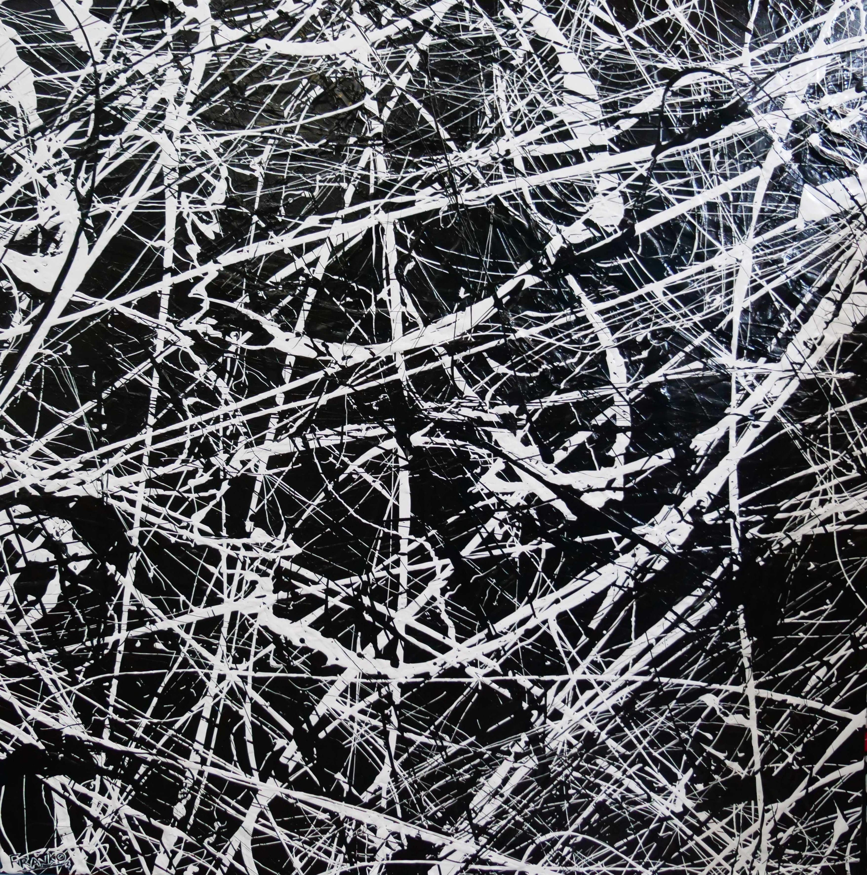 Scatter Brain Squared 150cm x 150cm Black White Textured Abstract Painting (SOLD)-Abstract-[Franko_Artist]-[Australian_artist]-[Gold_Coast]-[Brisbane]-[modern]-[contemporary]-[original]-[Large_artwork]-Franklin Art Studio