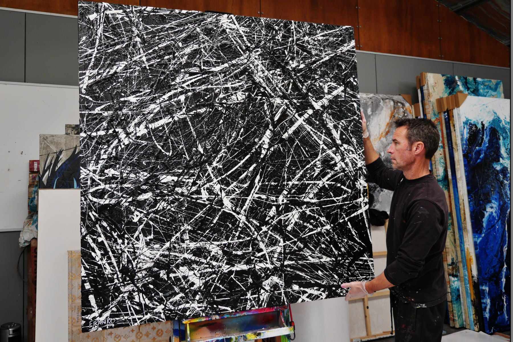 Scattergate 150cm x 150cm Black White Textured Abstract Painting (SOLD)-Abstract-[Franko_Artist]-[The_Block]-[Dream_Homes]-[ideas]- [Grand_Designs]-Franklin Art Studio