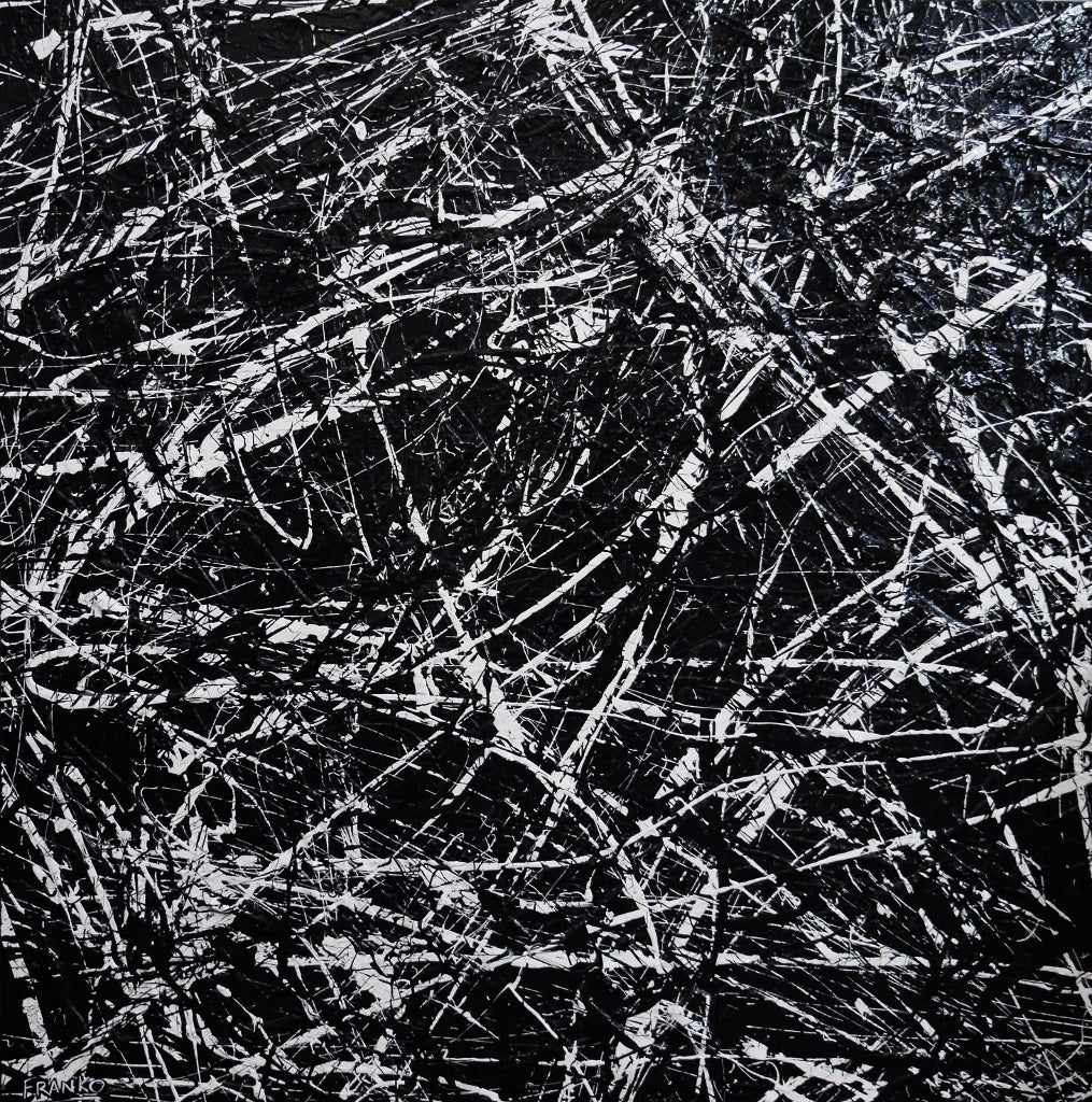 Scattergate 150cm x 150cm Black White Textured Abstract Painting (SOLD)-Abstract-[Franko_Artist]-[Australian_artist]-[Gold_Coast]-[Brisbane]-[modern]-[contemporary]-[original]-[Large_artwork]-Franklin Art Studio