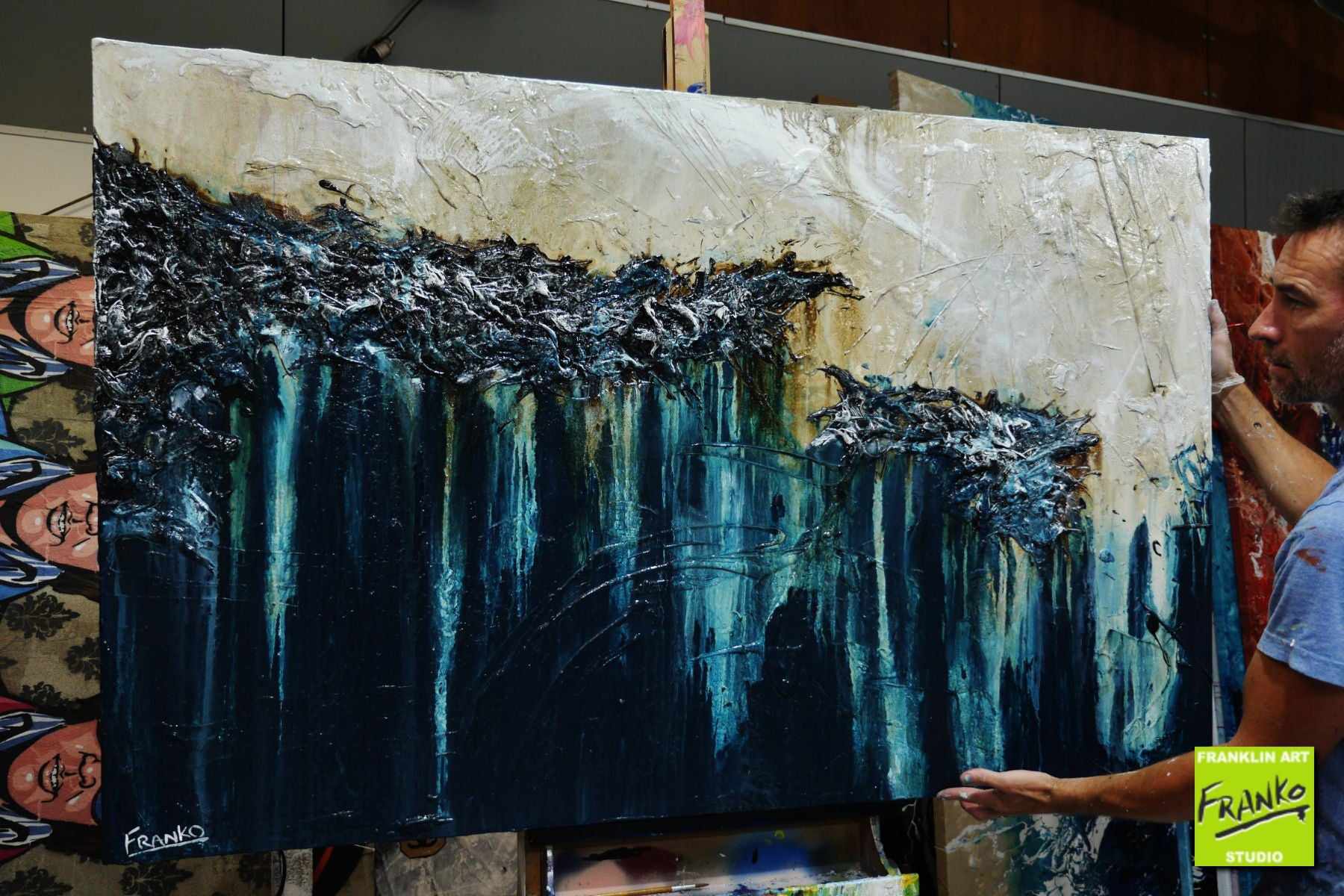 Seaside Escapade 160cm x 100cm Green Cream Textured Abstract Painting (SOLD)-[Franko_Artist]-[The_Block]-[Dream_Homes]-[ideas]-[Grand_Designs]-[Art_Lover]-Franklin Art Studio