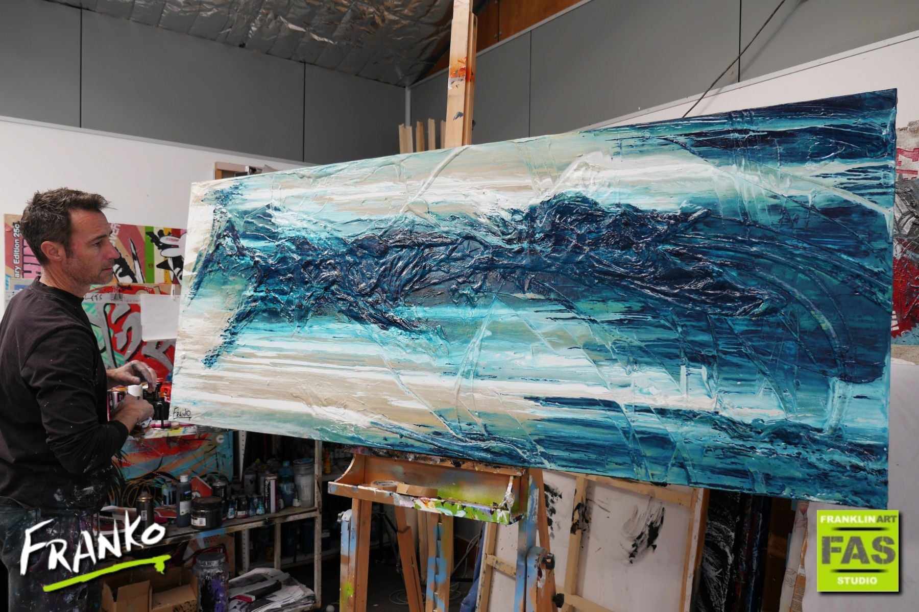 Seasoned Malt 200cm x 80cm Cream White Blue Textured Abstract Painting (SOLD)-Abstract-[Franko_Artist]-[The_Block]-[Dream_Homes]-[ideas]- [Grand_Designs]-Franklin Art Studio