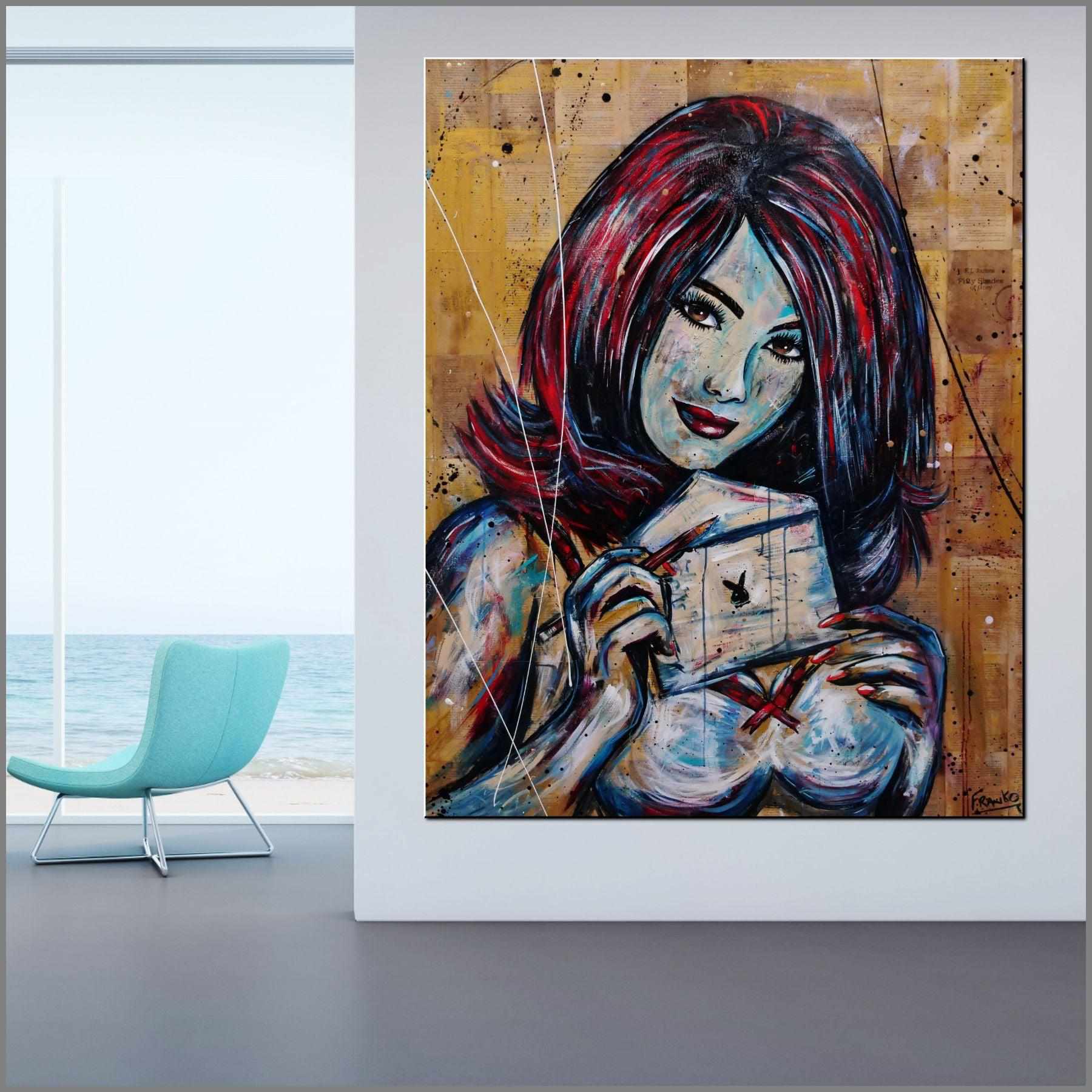 Secret Admirer 120cm x 150cm Playboy Urban Pop Book Club Painting (SOLD)-book club-[Franko_Artist]-[Australian_artist]-[Gold_Coast]-[Brisbane]-[modern]-[contemporary]-[original]-[Large_artwork]-[The_Block]-[Dream_Homes]-[ideas]-[Grand_Designs]-[Art_Lover]-Franklin Art Studio