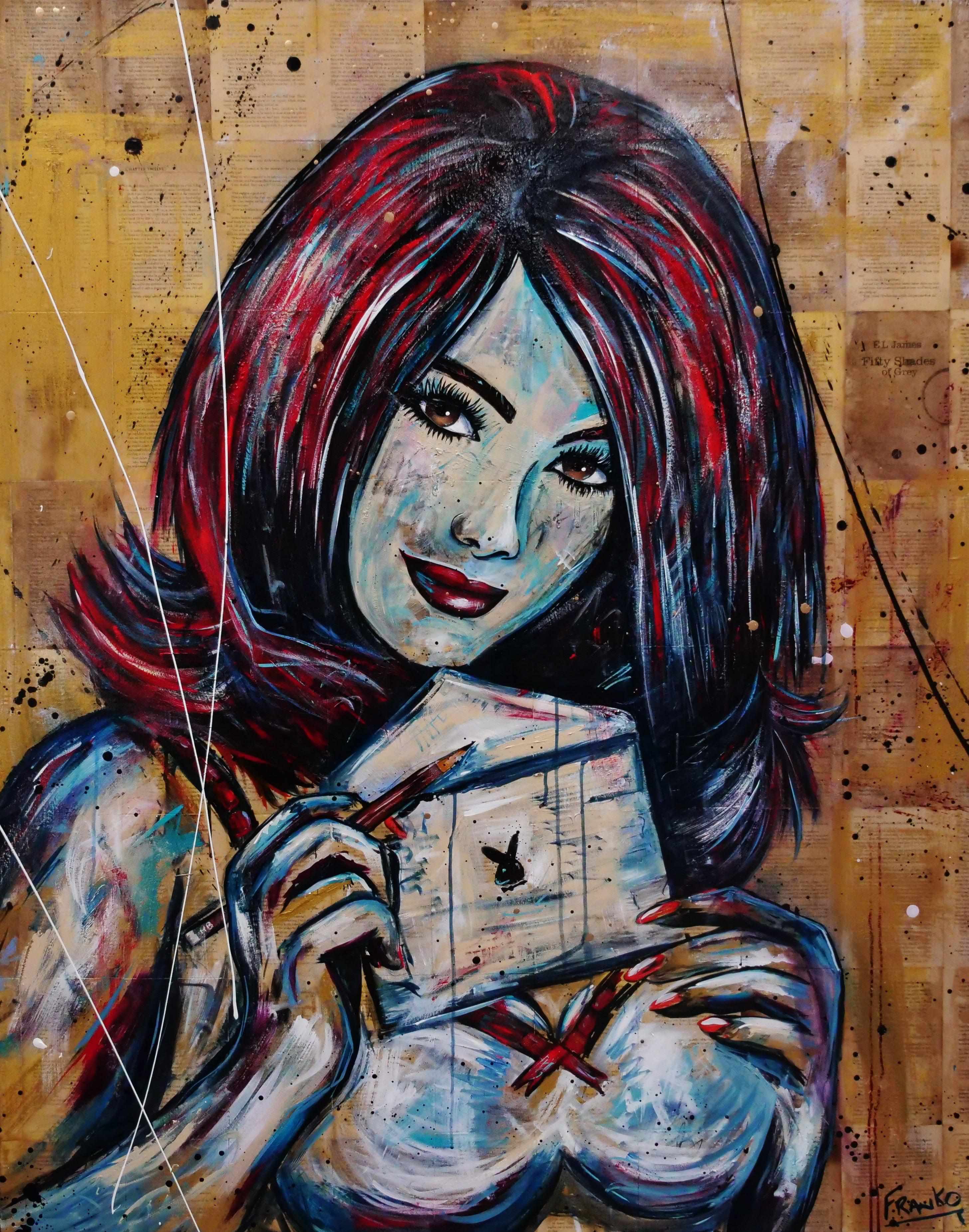 Secret Admirer 120cm x 150cm Playboy Urban Pop Book Club Painting (SOLD)-book club-[Franko_Artist]-[Australian_artist]-[Gold_Coast]-[Brisbane]-[modern]-[contemporary]-[original]-[Large_artwork]-Franklin Art Studio