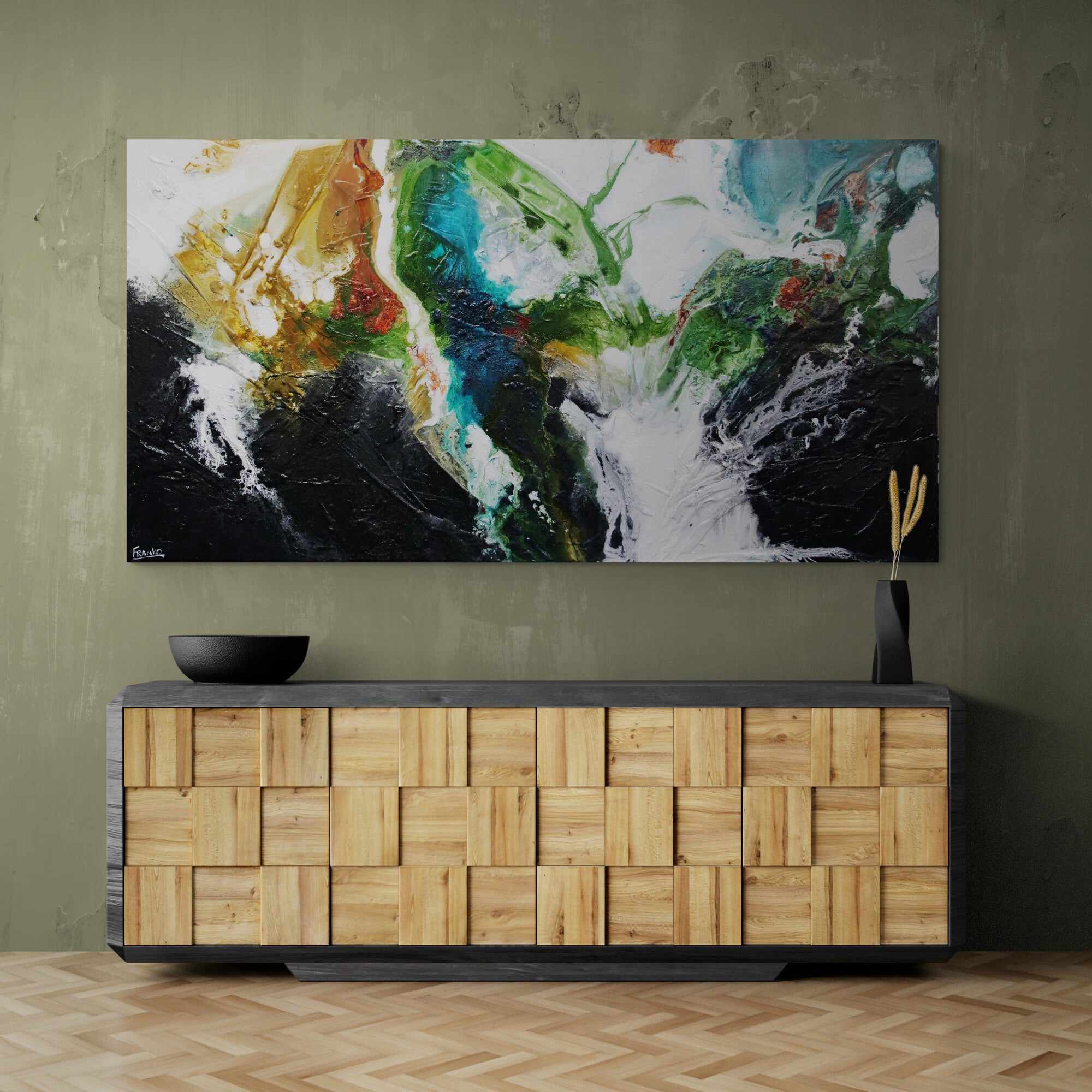 Seeded Potion 190cm x 100cm Green Black Textured Abstract Painting (SOLD)-Abstract-[Franko]-[Artist]-[Australia]-[Painting]-Franklin Art Studio
