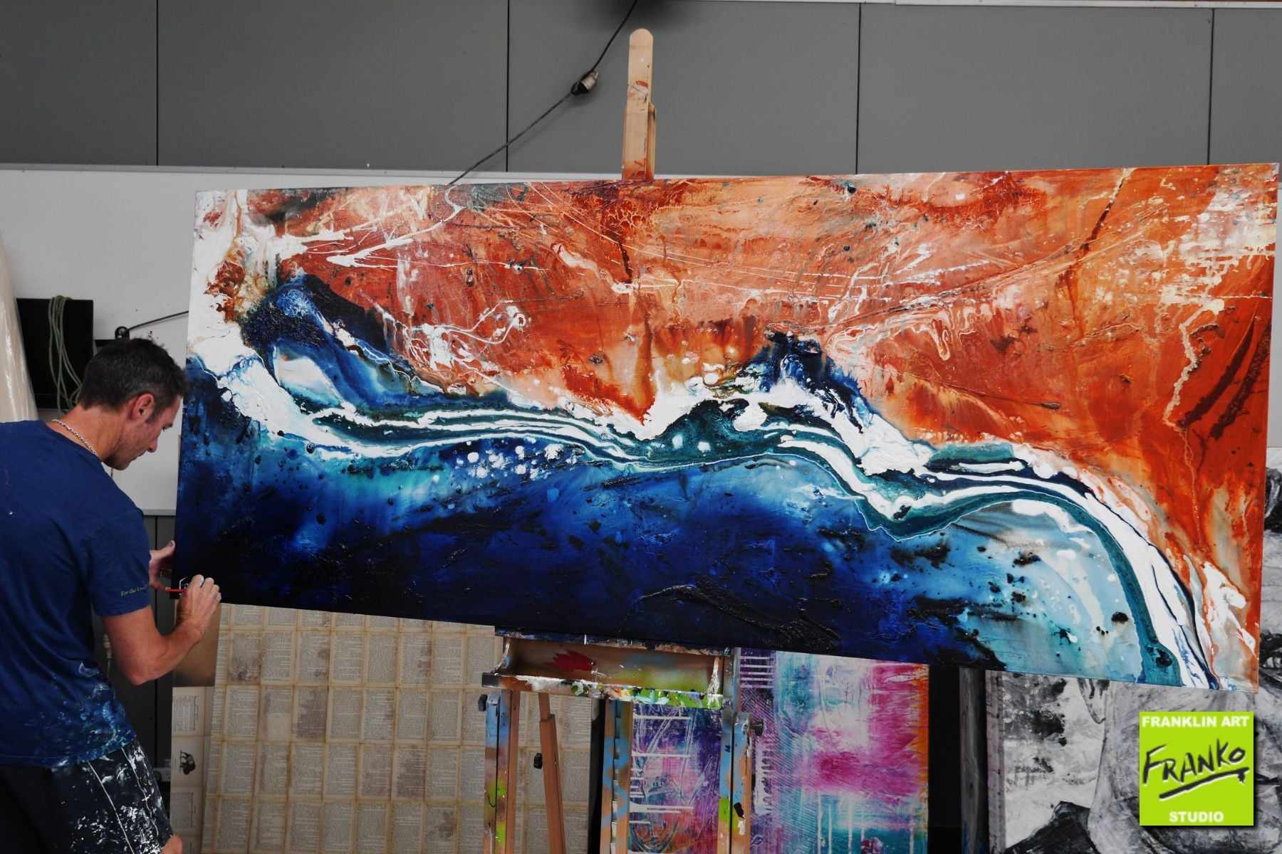 Serpentine 240cm x 100cm Red Oxide White Blue Textured Abstract Painting (SOLD)-Abstract-[Franko_Artist]-[The_Block]-[Dream_Homes]-[ideas]- [Grand_Designs]-Franklin Art Studio
