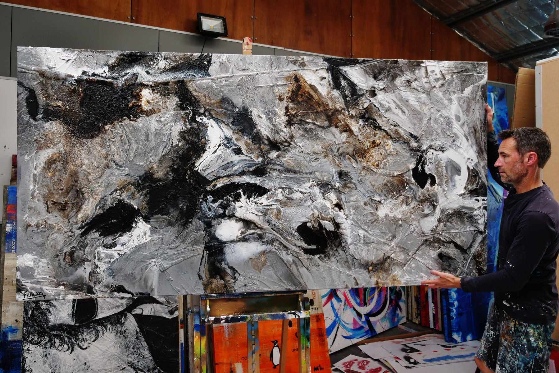 Shredded Chrome 240cm x 100cm Grey Textured Abstract Painting (SOLD)-Abstract-[Franko_Artist]-[The_Block]-[Dream_Homes]-[ideas]- [Grand_Designs]-Franklin Art Studio