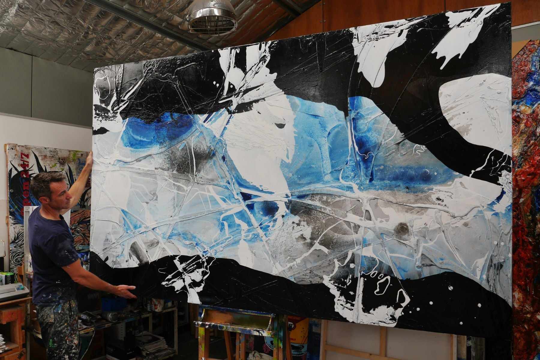 Shredded Powder 280cm x 170cm Blue Black White Textured Abstract Painting (SOLD)-Abstract-[Franko_Artist]-[The_Block]-[Dream_Homes]-[ideas]- [Grand_Designs]-Franklin Art Studio