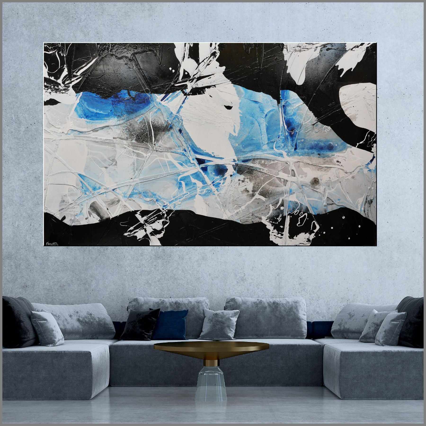 Shredded Powder 280cm x 170cm Blue Black White Textured Abstract Painting (SOLD)-Abstract-[Franko_Artist]-[Australian_artist]-[Gold_Coast]-[Brisbane]-[modern]-[contemporary]-[original]-[Large_artwork]-[The_Block]-[Dream_Homes]-[ideas]-[Grand_Designs]-[Art_Lover]-Franklin Art Studio