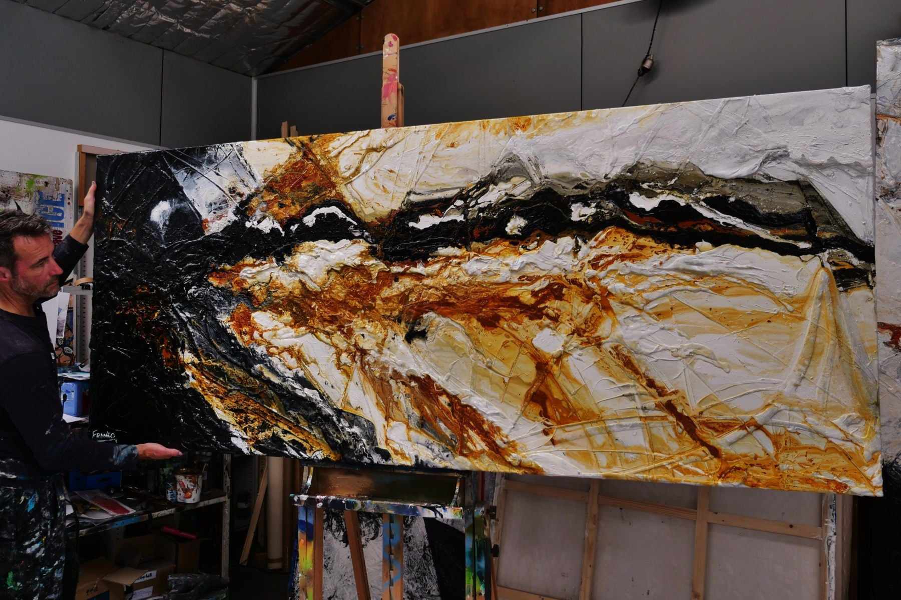 Shredded Sienna 240cm x 100cm Black Sienna Textured Abstract Painting (SOLD)-Abstract-[Franko_Artist]-[The_Block]-[Dream_Homes]-[ideas]- [Grand_Designs]-Franklin Art Studio