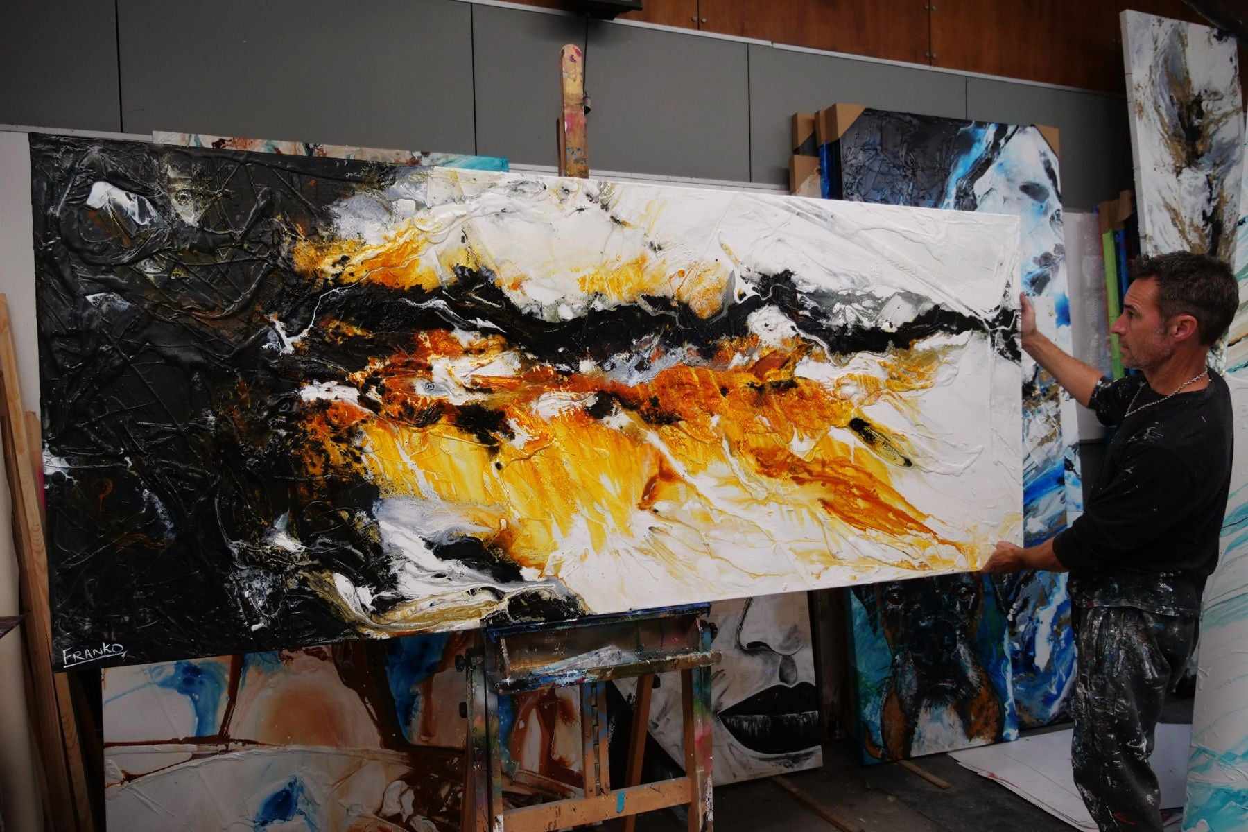Sienna Power 240cm x 100cm Sienna Black White Textured Abstract Painting (SOLD)-Abstract-[Franko_Artist]-[The_Block]-[Dream_Homes]-[ideas]- [Grand_Designs]-Franklin Art Studio