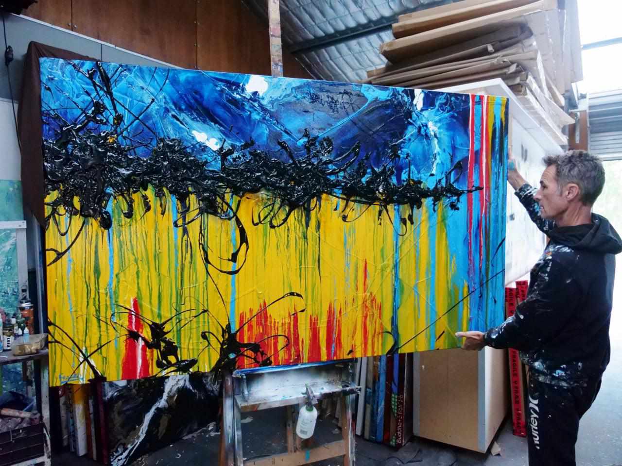 Significance 200cm x 120cm Yellow Blue Textured Abstract Painting (SOLD)-Abstract-[Franko_Artist]-[The_Block]-[Dream_Homes]-[ideas]- [Grand_Designs]-Franklin Art Studio
