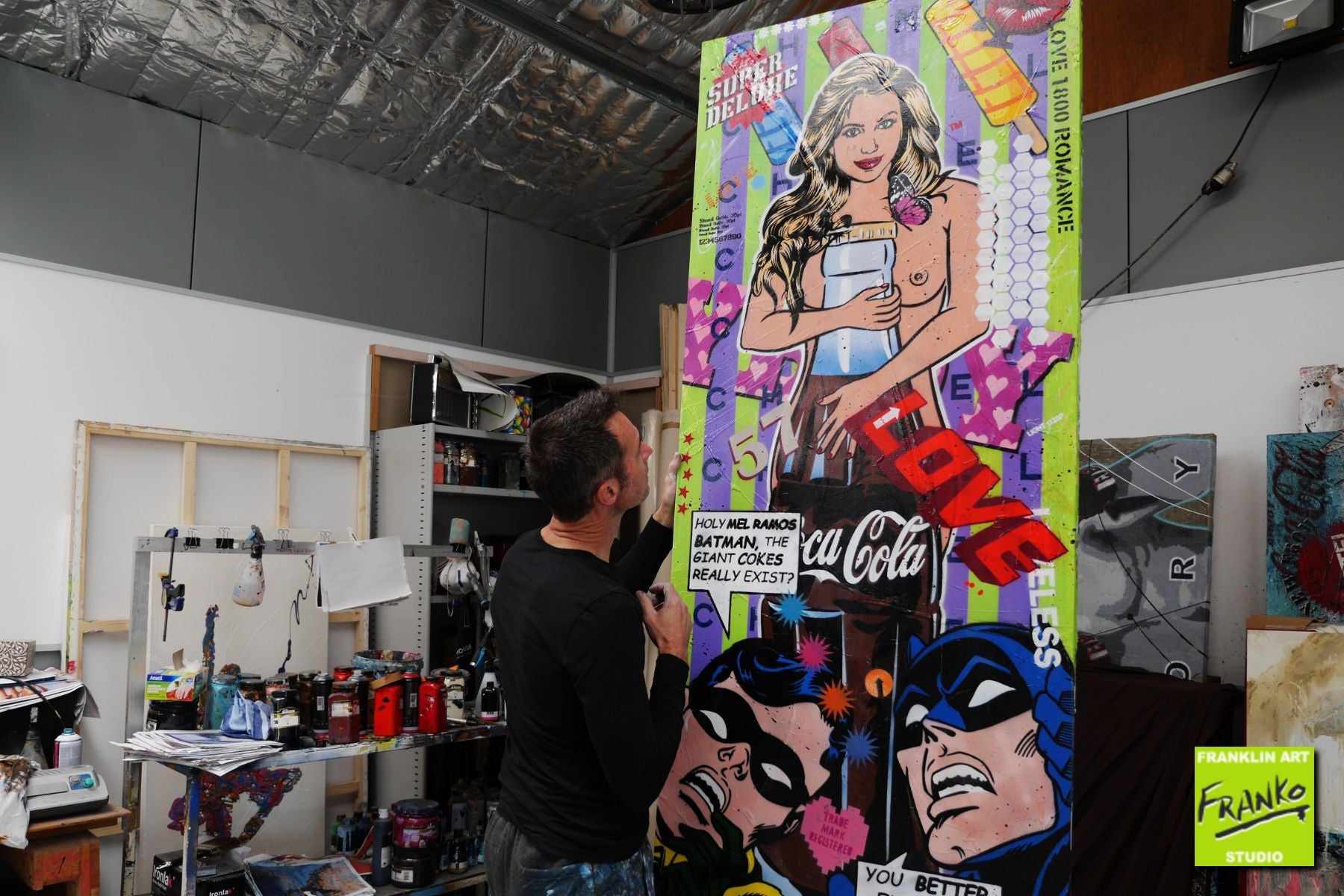 Simply Glamour 200cm x 80cm Batman Robin CocaCola Nude Textured Urban Pop Art Painting (SOLD)-urban pop-[Franko_Artist]-[The_Block]-[Dream_Homes]-[ideas]-[Grand_Designs]-[Art_Lover]-Franklin Art Studio