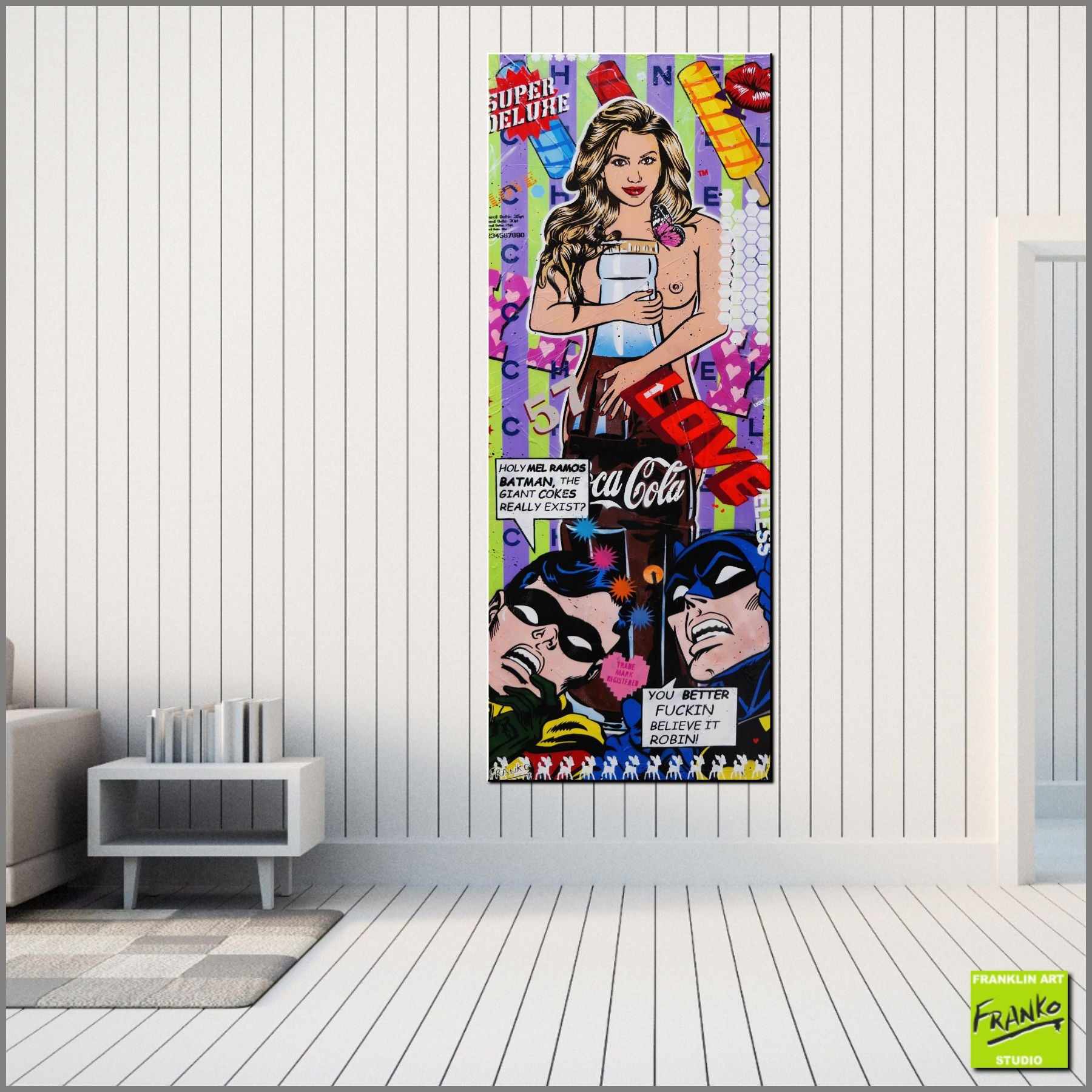 Simply Glamour 200cm x 80cm Batman Robin CocaCola Nude Textured Urban Pop Art Painting (SOLD)-urban pop-[Franko_Artist]-[Australian_artist]-[Gold_Coast]-[Brisbane]-[modern]-[contemporary]-[original]-[Large_artwork]-[The_Block]-[Dream_Homes]-[ideas]-[Grand_Designs]-[Art_Lover]-Franklin Art Studio