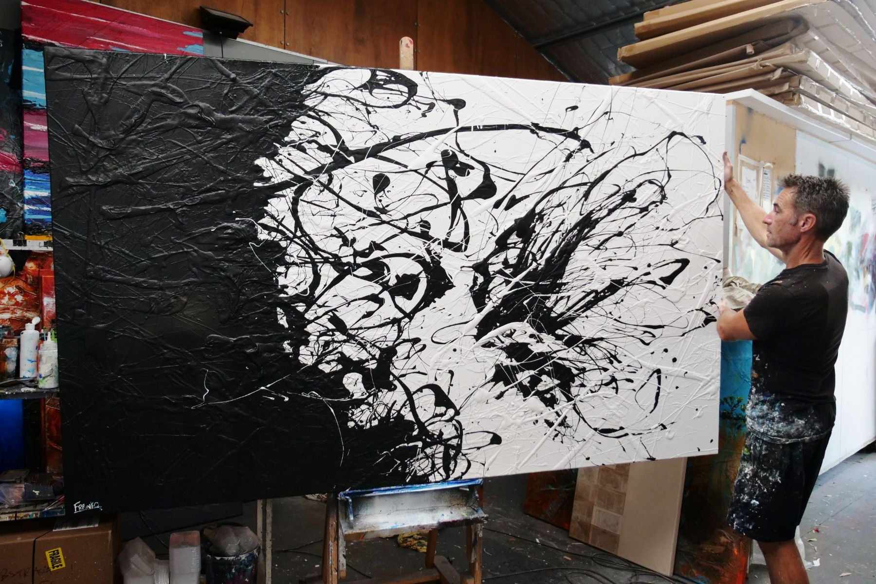 Skittled 250cm x 150cm Black White Textured Abstract Painting (SOLD)-Abstract-[Franko_Artist]-[The_Block]-[Dream_Homes]-[ideas]- [Grand_Designs]-Franklin Art Studio