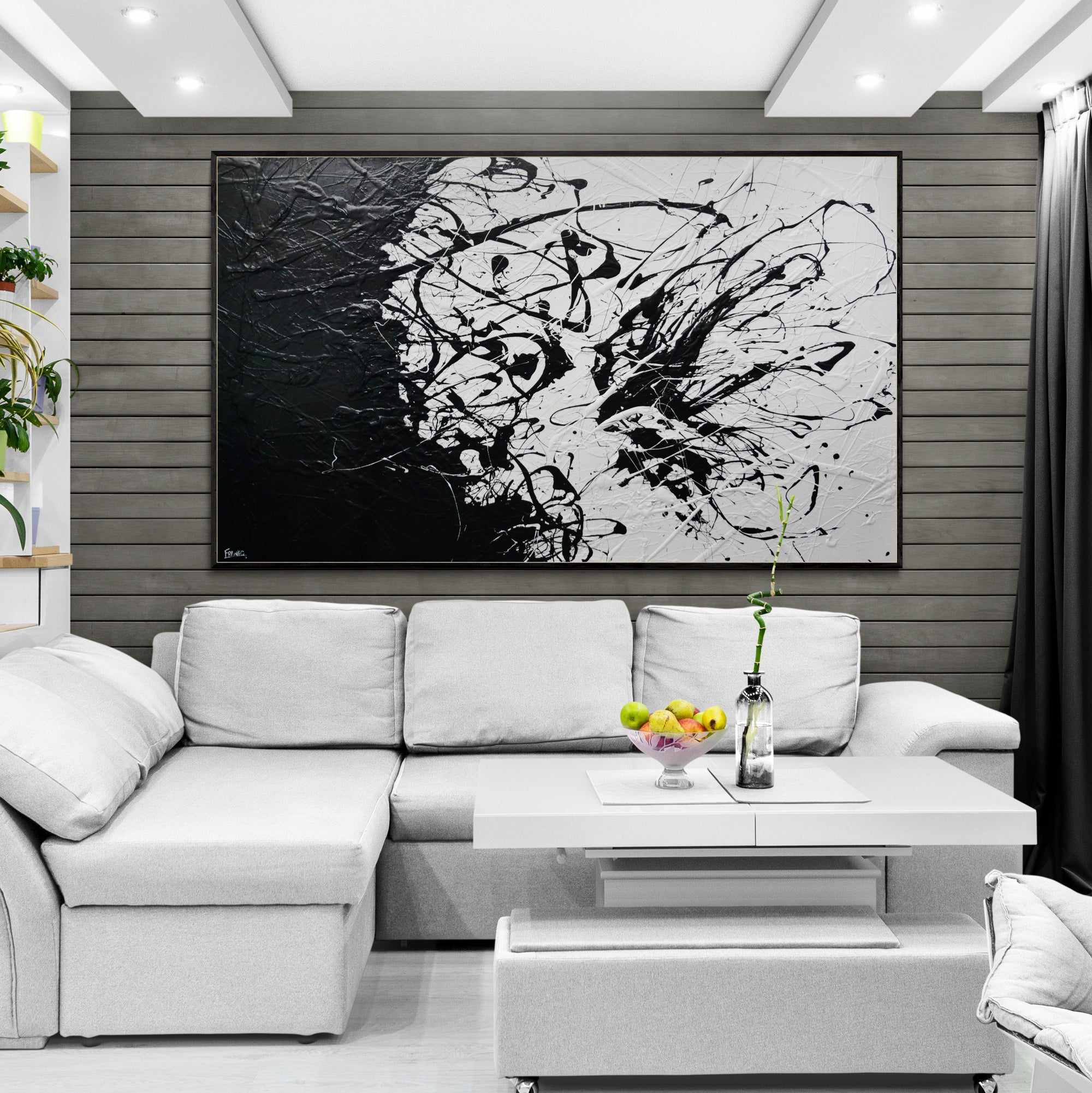 Skittled 250cm x 150cm Black White Textured Abstract Painting (SOLD)-Abstract-[Franko_Artist]-[The_Block]-[Dream_Homes]-[ideas]-[Grand_Designs]-[Art_Lover]-Franklin Art Studio