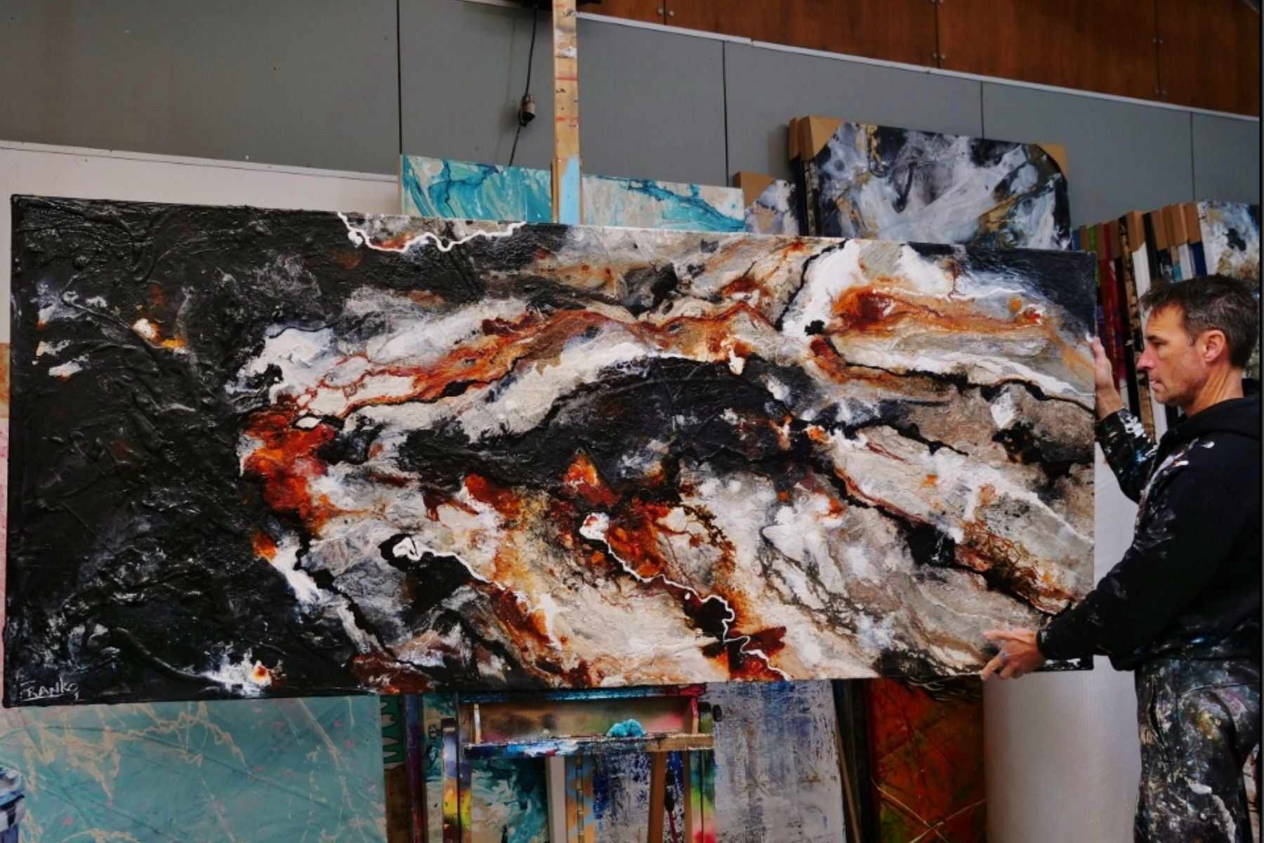 Slated Noir 240cm x 100cm Rust Black Grey Textured Abstract Painting (SOLD)-Abstract-[Franko_Artist]-[The_Block]-[Dream_Homes]-[ideas]- [Grand_Designs]-Franklin Art Studio