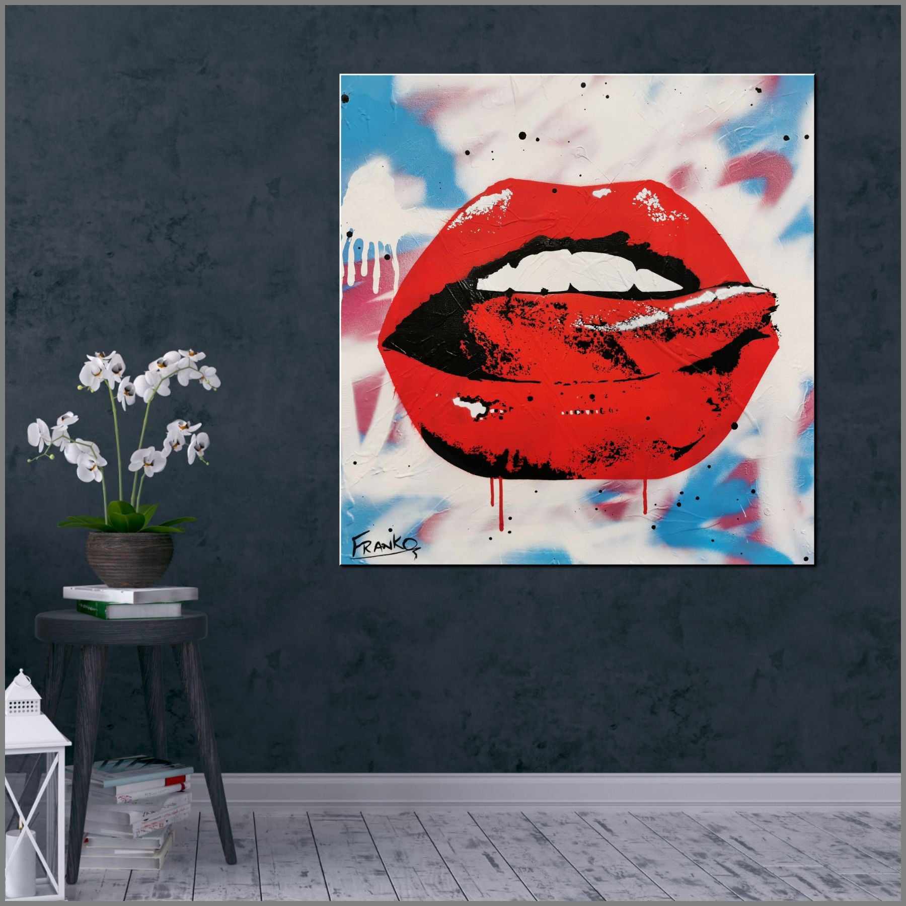 Sloppy Kiss 60cm x 60cm Lips Pop Art Painting-urban pop-[Franko_Artist]-[Australian_artist]-[Gold_Coast]-[Brisbane]-[modern]-[contemporary]-[original]-[Large_artwork]-[The_Block]-[Dream_Homes]-[ideas]-[Grand_Designs]-[Art_Lover]-Franklin Art Studio