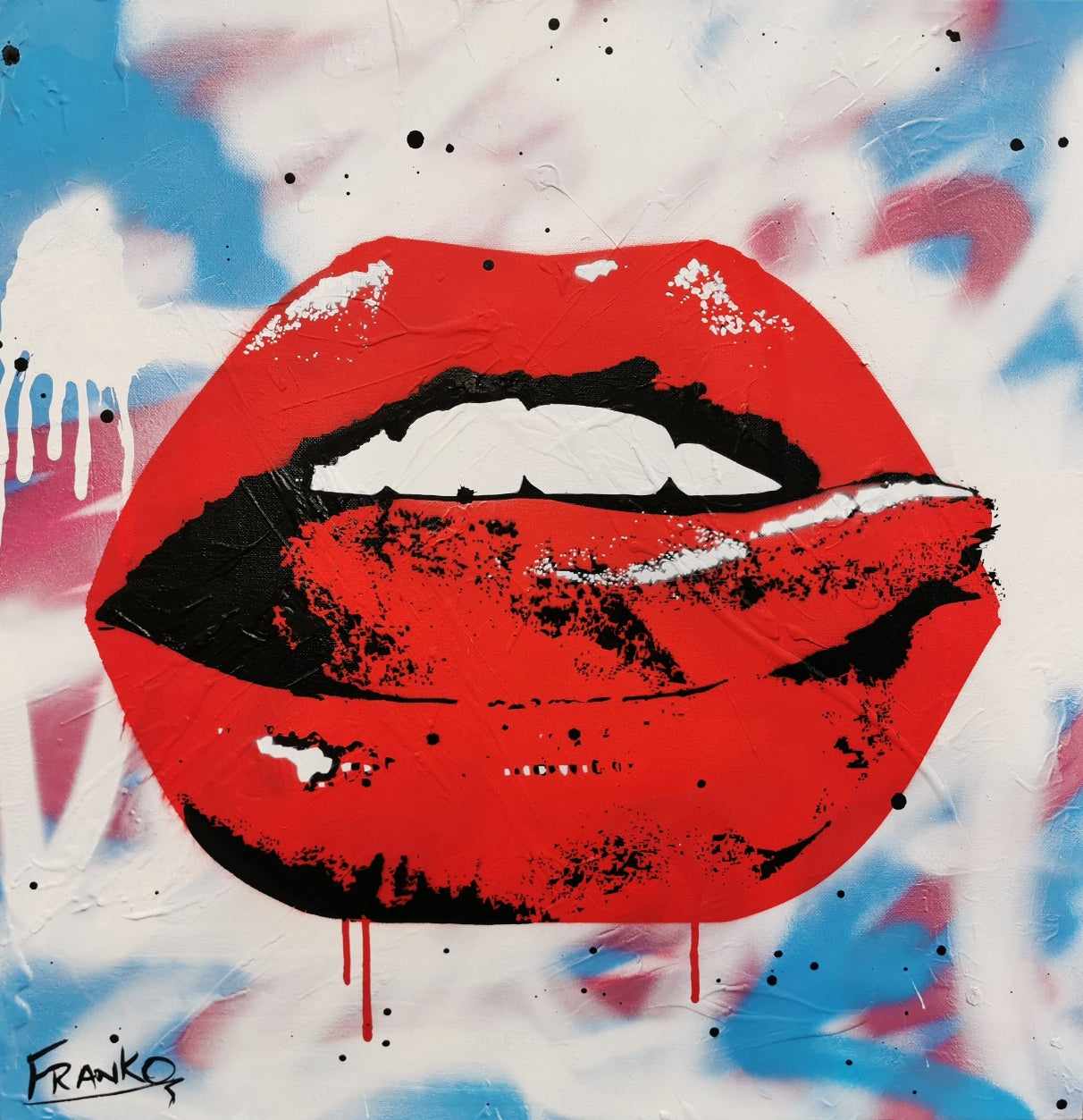 Sloppy Kiss 60cm x 60cm Lips Pop Art Painting-urban pop-[Franko_Artist]-[Australian_artist]-[Gold_Coast]-[Brisbane]-[modern]-[contemporary]-[original]-[Large_artwork]-Franklin Art Studio