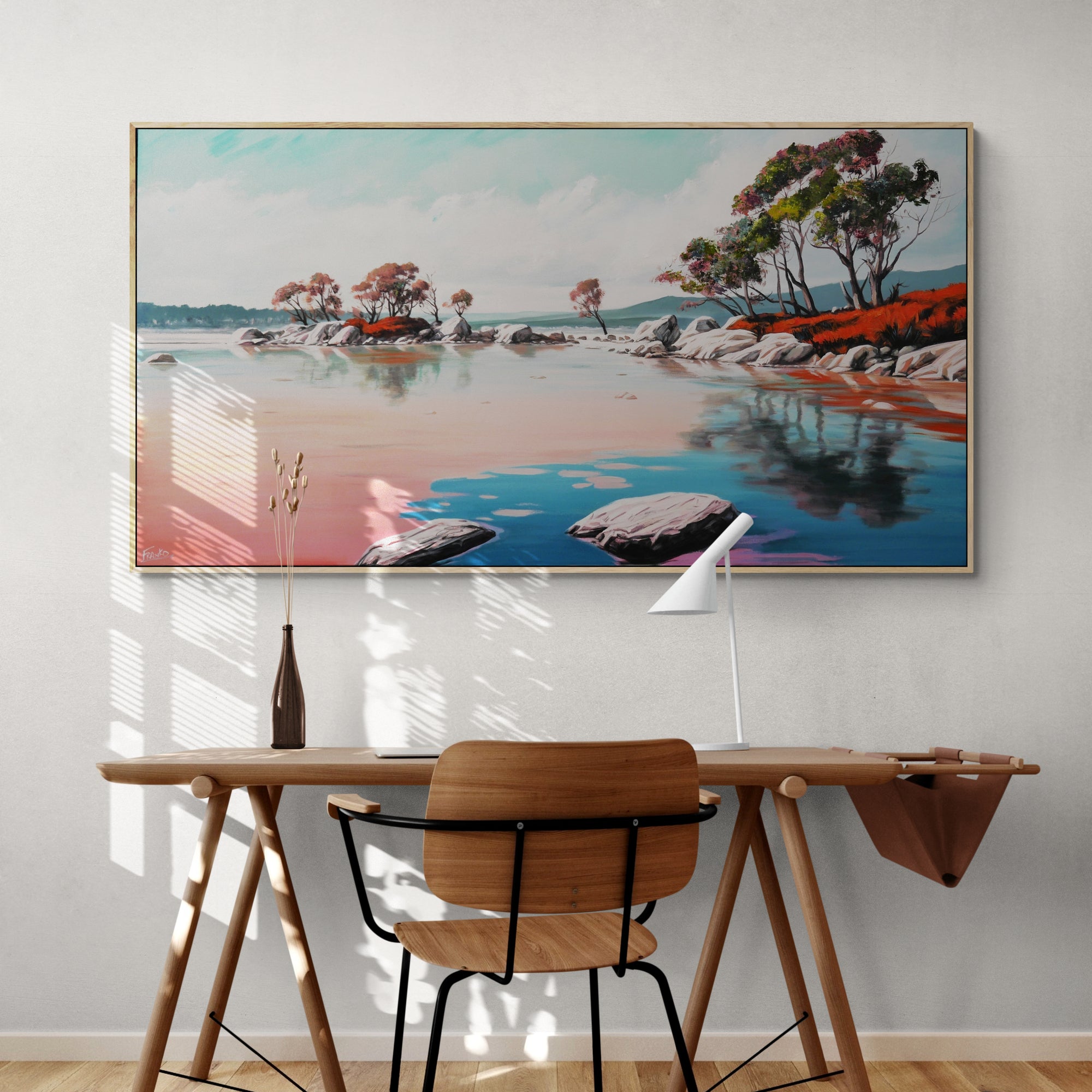 Tranquility Bay 190cm x 100cm Framed Neutral Palate Australian Landscape Abstract Painting (SOLD)-Abstract-[Franko_Artist]-[The_Block]-[Dream_Homes]-[ideas]-[Grand_Designs]-[Art_Lover]-Franklin Art Studio