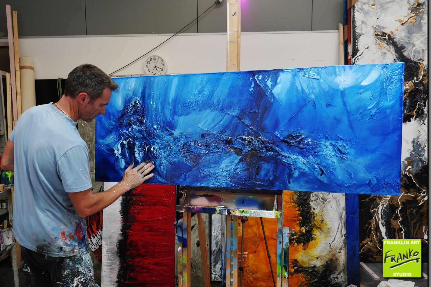 Something About Blue 160cm x 60cm Blue Textured Abstract Painting (SOLD)-Abstract-[Franko_Artist]-[The_Block]-[Dream_Homes]-[ideas]- [Grand_Designs]-Franklin Art Studio