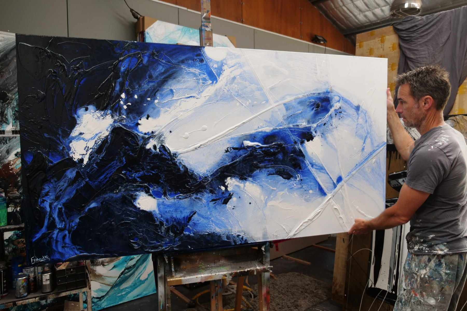 Sorrento Rapture 190cm x 100cm Paynes Grey White Textured Abstract Painting (SOLD)-Abstract-[Franko_Artist]-[The_Block]-[Dream_Homes]-[ideas]-[Grand_Designs]-[Art_Lover]-Franklin Art Studio