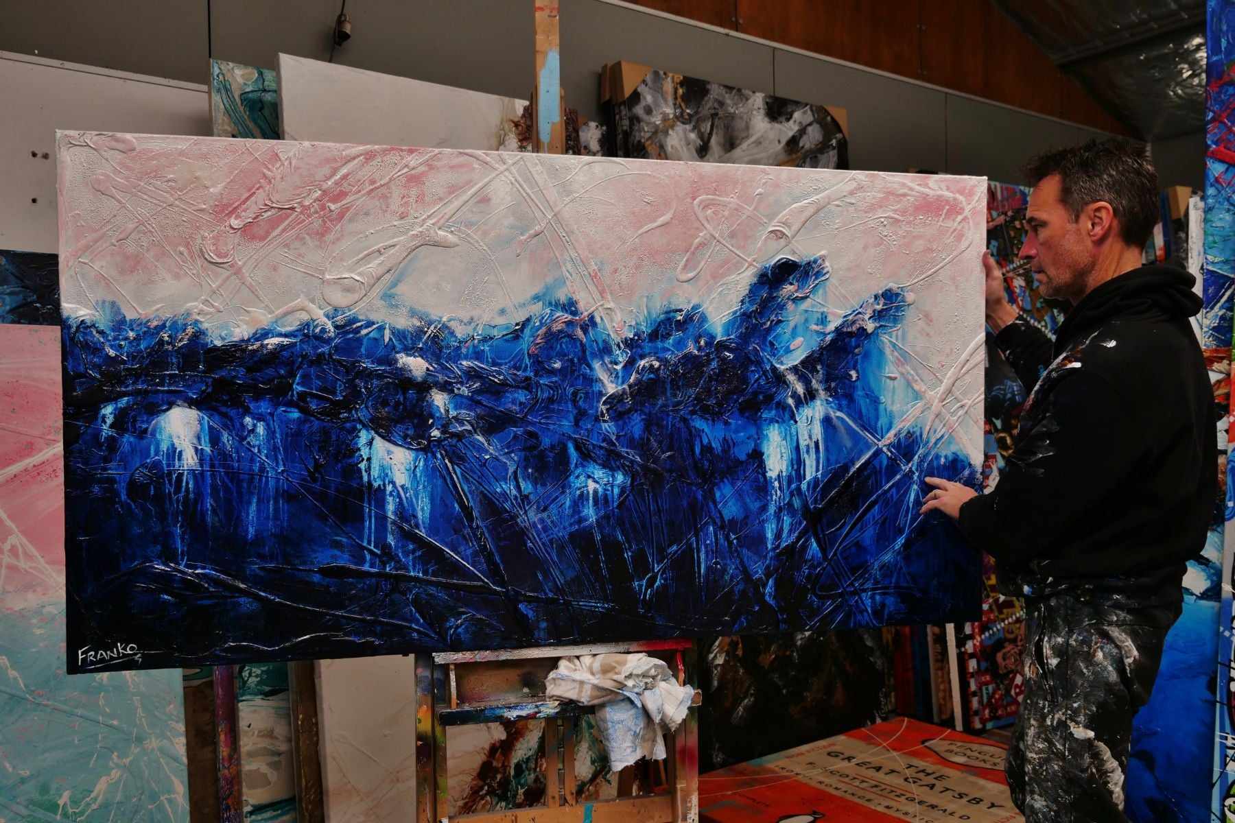 Sorrento Romance 190cm x 100cm Blue Pink Cream Textured Abstract Painting (SOLD)-Abstract-[Franko_Artist]-[The_Block]-[Dream_Homes]-[ideas]- [Grand_Designs]-Franklin Art Studio