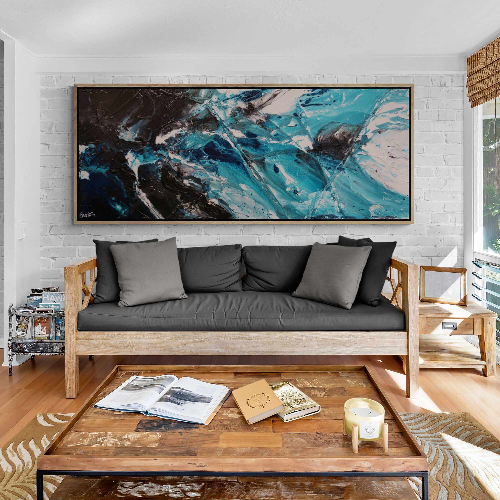 Sorrento Teal 200cm x 80cm Teal Black Textured Abstract Painting (SOLD)-Abstract-[Franko_Artist]-[The_Block]-[Dream_Homes]-[ideas]- [Grand_Designs]-Franklin Art Studio