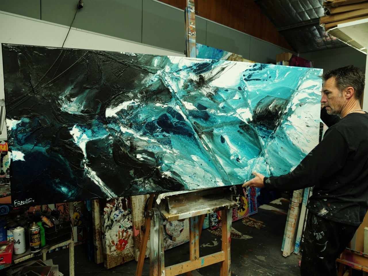 Sorrento Teal 200cm x 80cm Teal Black Textured Abstract Painting (SOLD)-Abstract-[Franko_Artist]-[The_Block]-[Dream_Homes]-[ideas]-[Grand_Designs]-[Art_Lover]-Franklin Art Studio