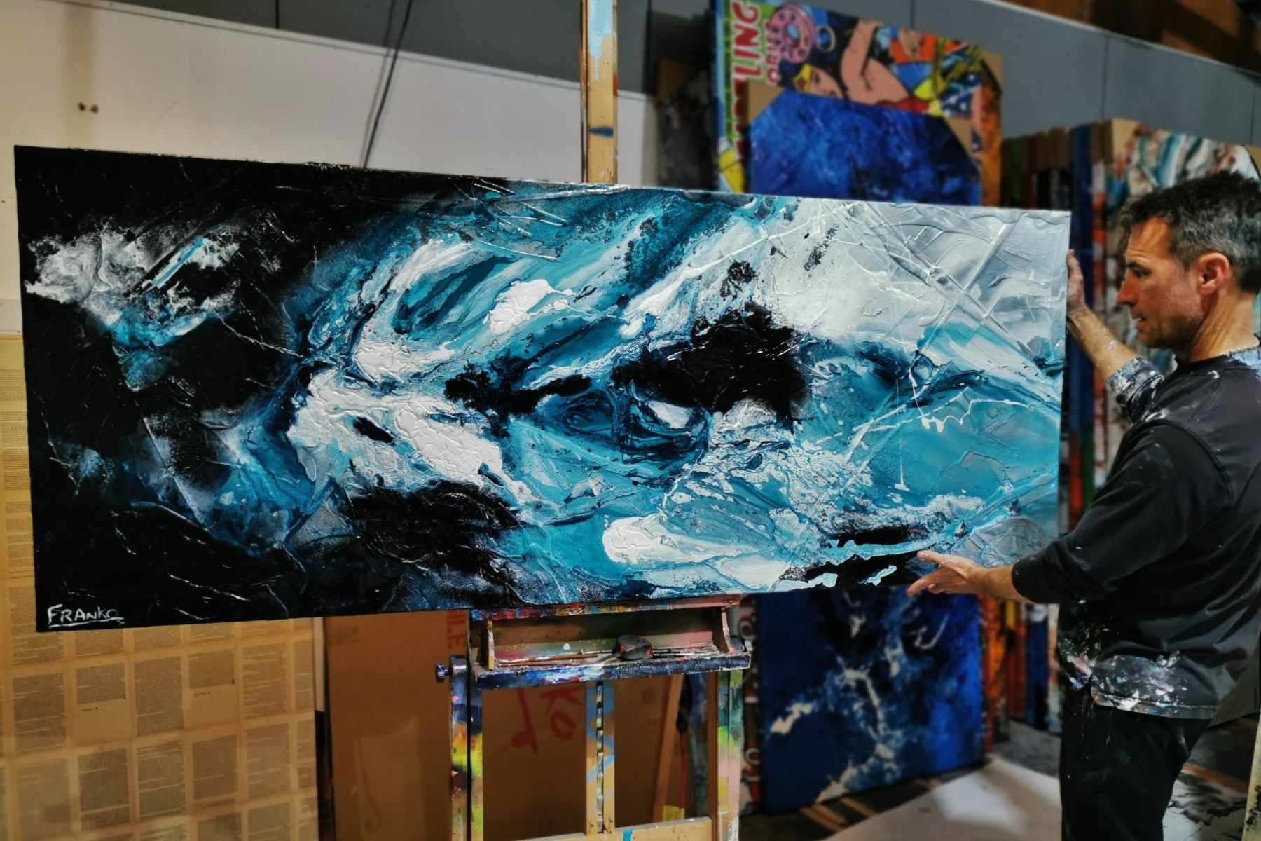 Southern Atmosphere 200cm x 80cm Blue Black Textured Abstract Painting (SOLD)-Abstract-[Franko_Artist]-[The_Block]-[Dream_Homes]-[ideas]- [Grand_Designs]-Franklin Art Studio