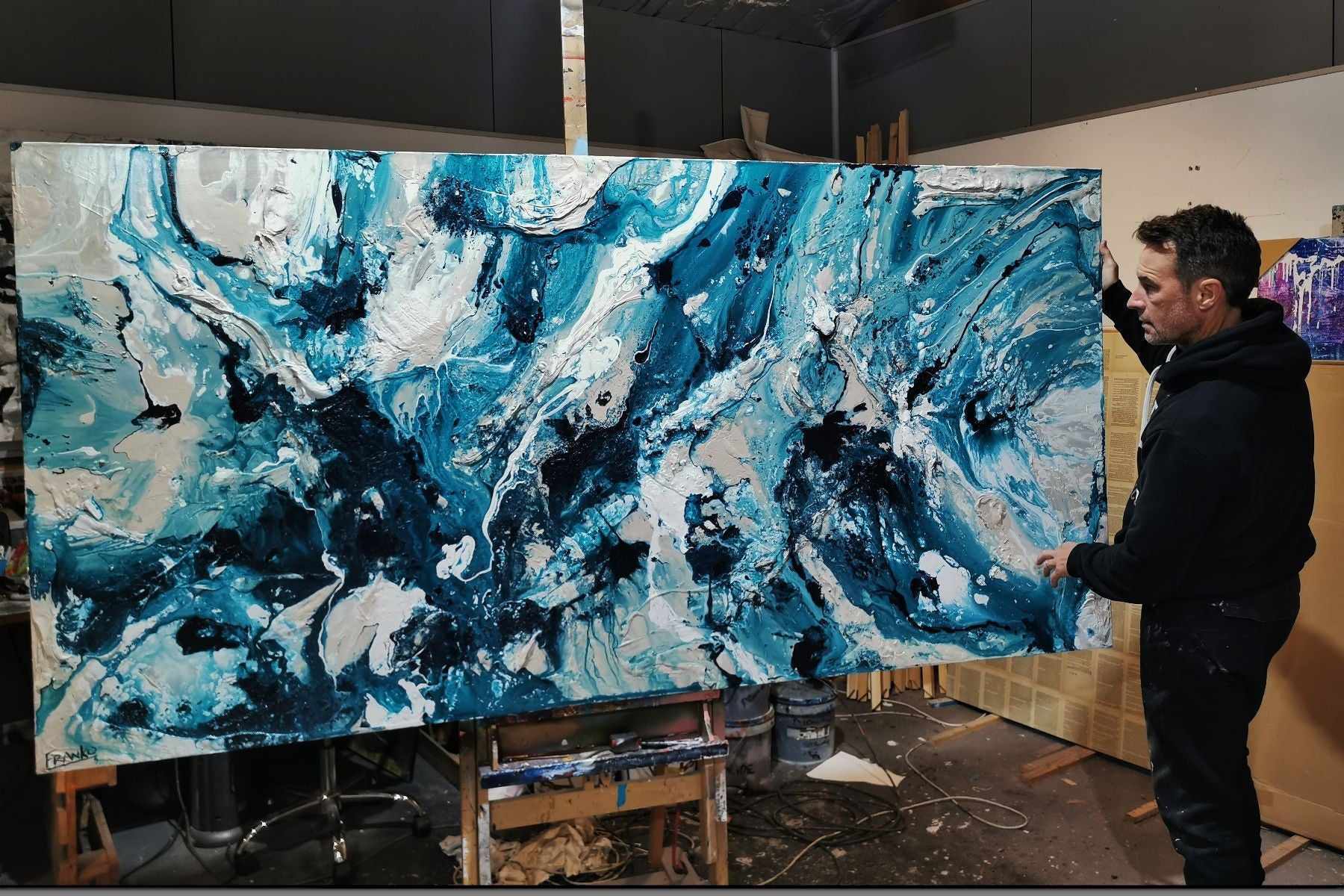 Southern Aura 240cm x 120cm Blue White Cream Textured Abstract Painting (SOLD)-Abstract-[Franko_Artist]-[The_Block]-[Dream_Homes]-[ideas]- [Grand_Designs]-Franklin Art Studio