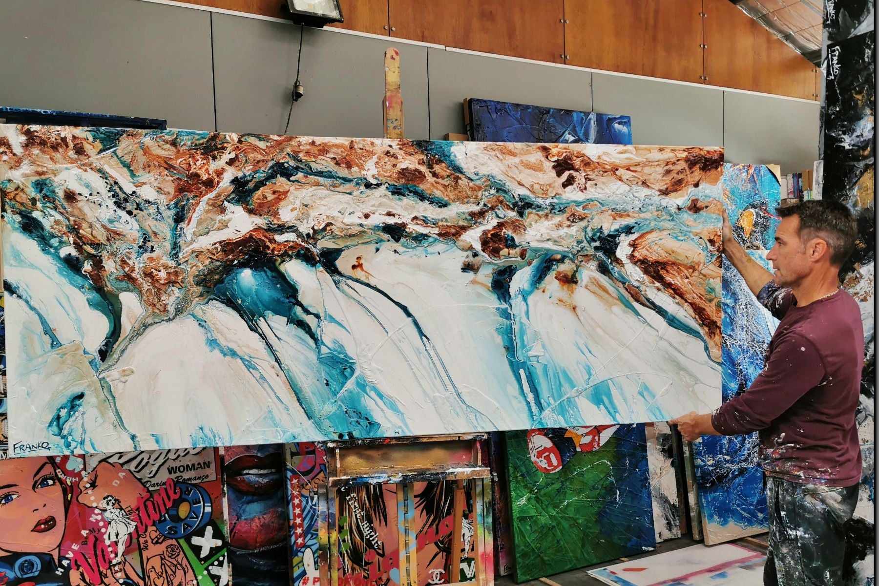 Southern Belle 240cm x 100cm Teal Oxide White Textured Abstract Painting-Abstract-[Franko_Artist]-[The_Block]-[Dream_Homes]-[ideas]- [Grand_Designs]-Franklin Art Studio