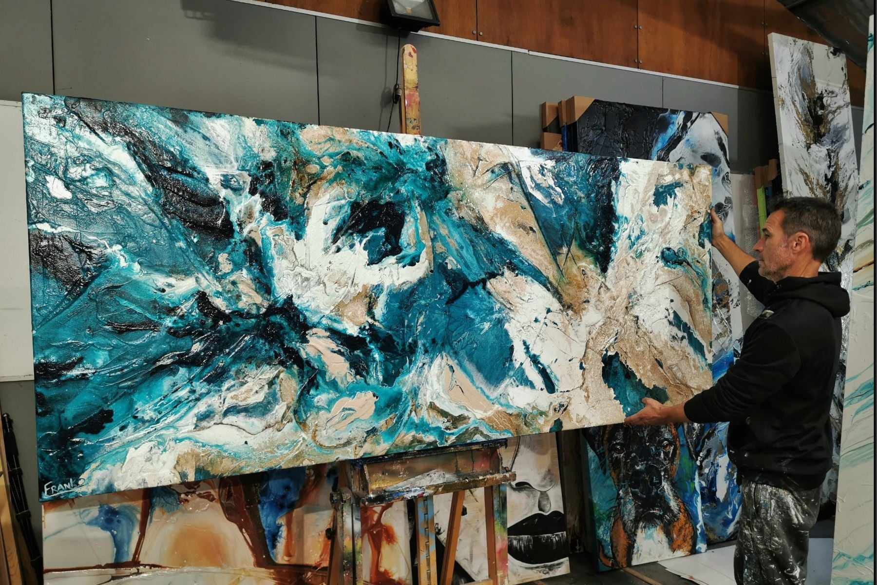 Southern Charm 240cm x 100cm Teal White Cream Textured Abstract Painting (SOLD)-Abstract-[Franko_Artist]-[The_Block]-[Dream_Homes]-[ideas]- [Grand_Designs]-Franklin Art Studio
