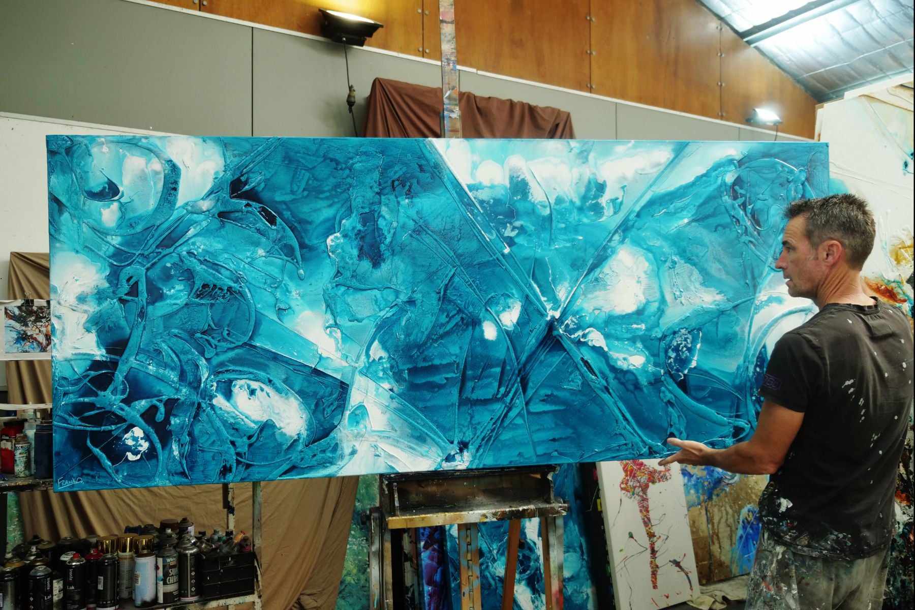 Southern Currents 240cm x 100cm Teal White Ink Textured Abstract Painting (SOLD)-Abstract-[Franko_Artist]-[The_Block]-[Dream_Homes]-[ideas]- [Grand_Designs]-Franklin Art Studio