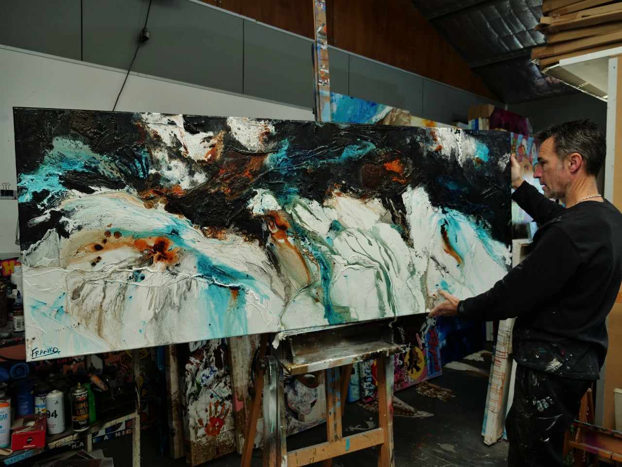 update alt-text with template Southern Nature 200cm x 80cm Teal Black White Textured Abstract Painting (SOLD)-Abstract-[Franko_Artist]-[The_Block]-[Dream_Homes]-[ideas]- [Grand_Designs]-Franklin Art Studio