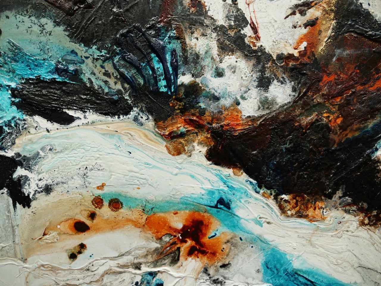 Southern Nature 200cm x 80cm Teal Black White Textured Abstract Painting (SOLD)