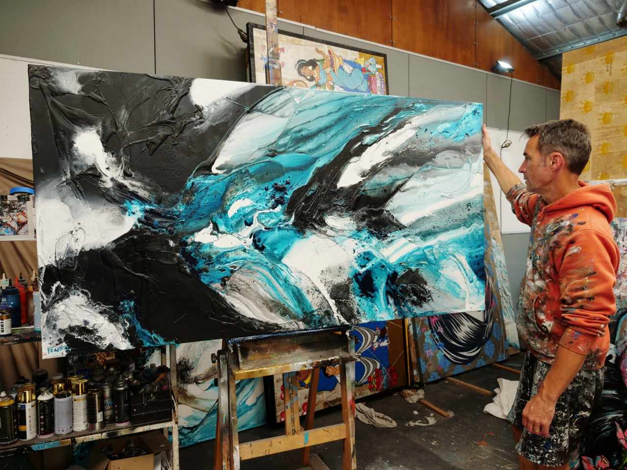 Southern Nero 190cm x 100cm Black Teal White Textured Abstract Painting (SOLD)-Abstract-[Franko_Artist]-[The_Block]-[Dream_Homes]-[ideas]- [Grand_Designs]-Franklin Art Studio