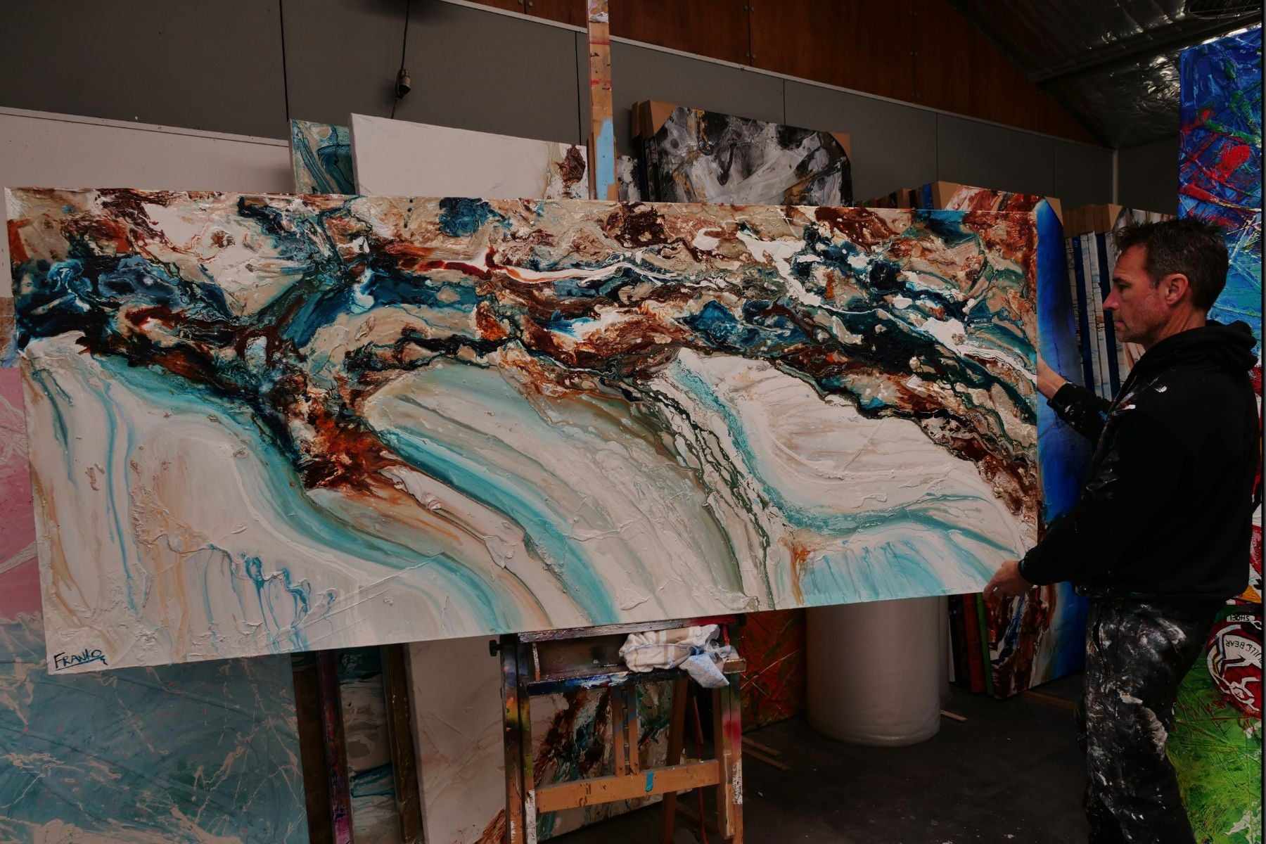 Southern Ocean Class 240cm x 100cm Teal White Orange Textured Abstract Painting (SOLD)-Abstract-[Franko_Artist]-[The_Block]-[Dream_Homes]-[ideas]- [Grand_Designs]-Franklin Art Studio