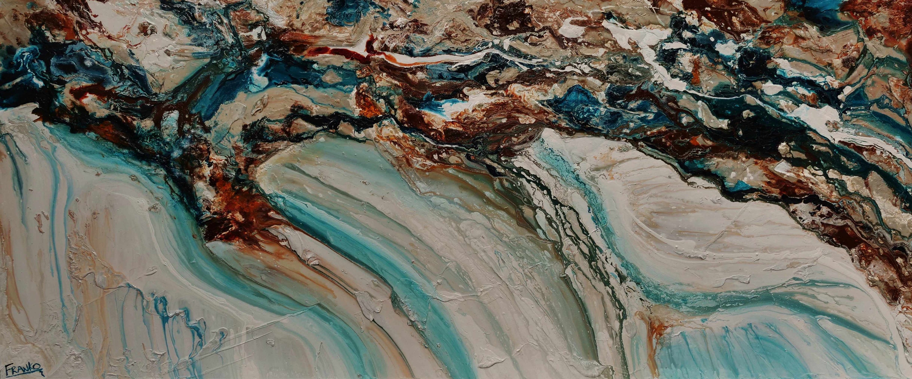 Southern Ocean Class 240cm x 100cm Teal White Orange Textured Abstract Painting (SOLD)-Abstract-[Franko_Artist]-[Australian_artist]-[Gold_Coast]-[Brisbane]-[modern]-[contemporary]-[original]-[Large_artwork]-Franklin Art Studio